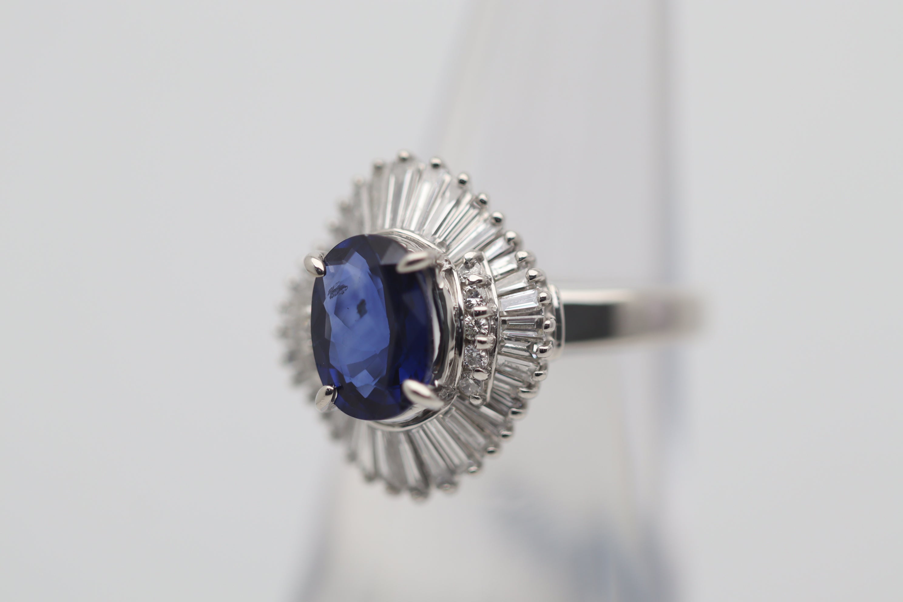 2.03 Carat Blue Sapphire Diamond Platinum Ballerina Ring