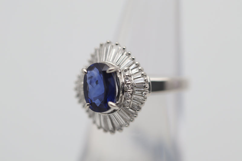 2.03 Carat Blue Sapphire Diamond Platinum Ballerina Ring