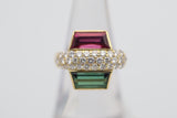 Rubellite & Green Tourmaline Diamond Gold Ring
