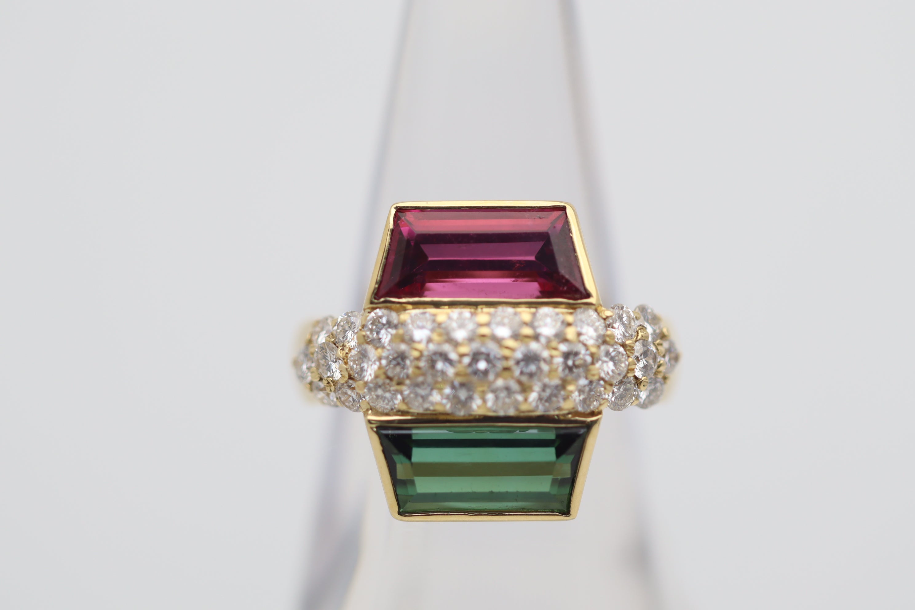 Rubellite & Green Tourmaline Diamond Gold Ring