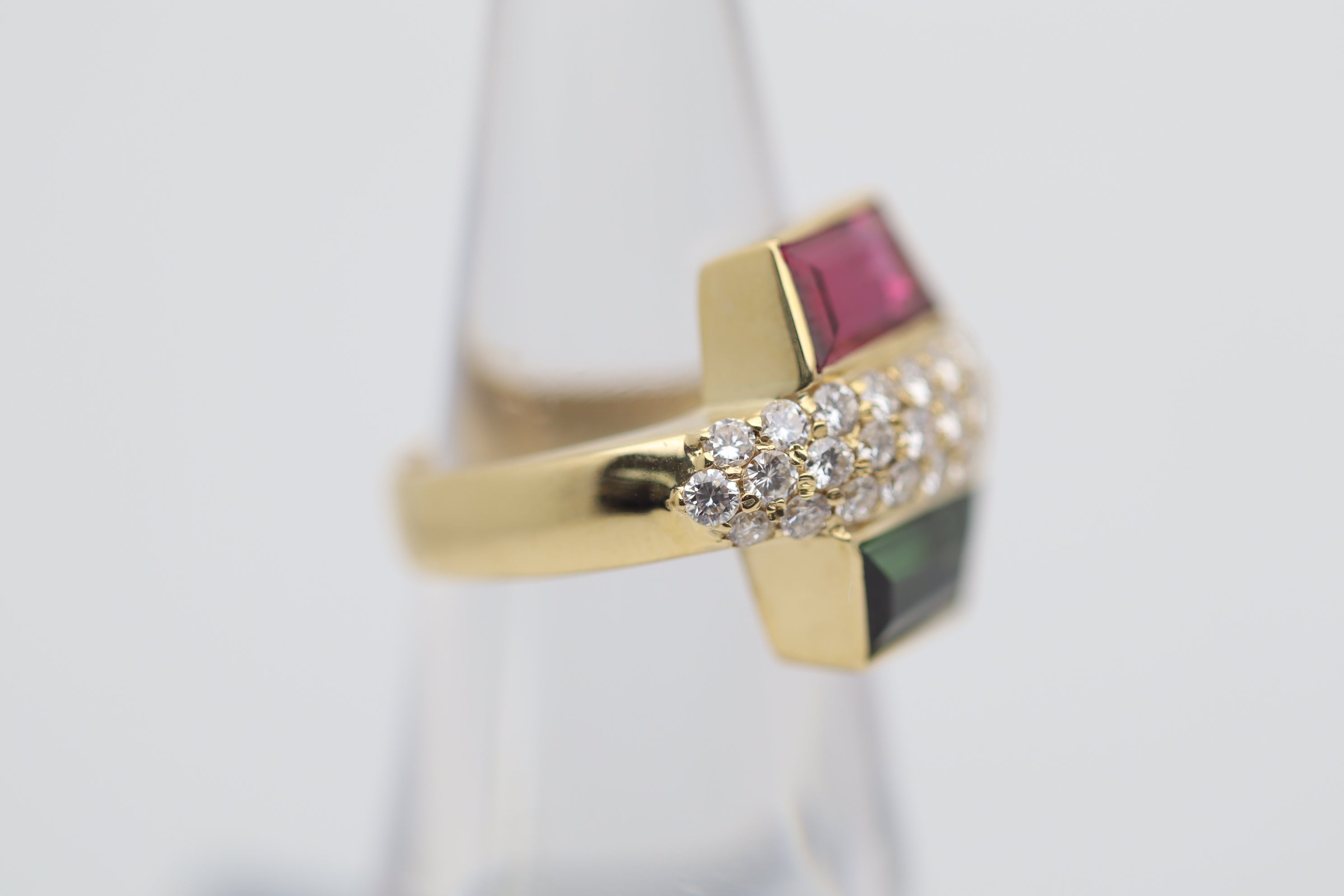 Rubellite & Green Tourmaline Diamond Gold Ring