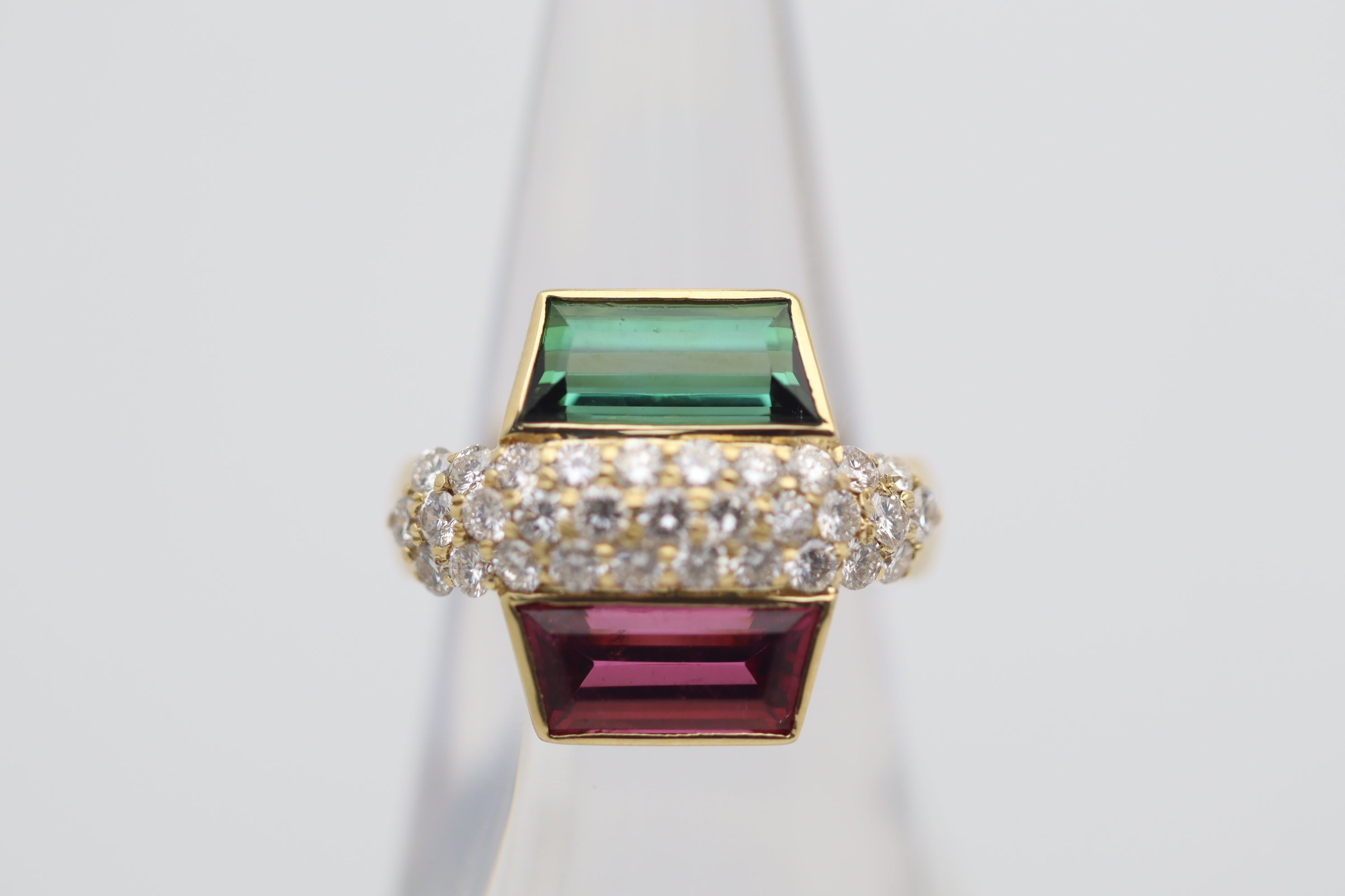 Rubellite & Green Tourmaline Diamond Gold Ring