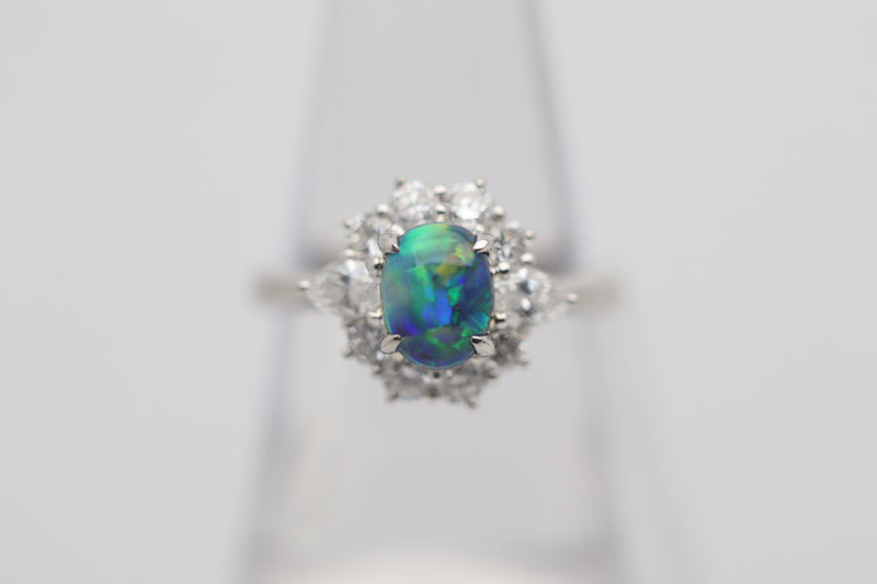 1.11 Carat Fine Australian Black Opal Diamond Platinum Ring