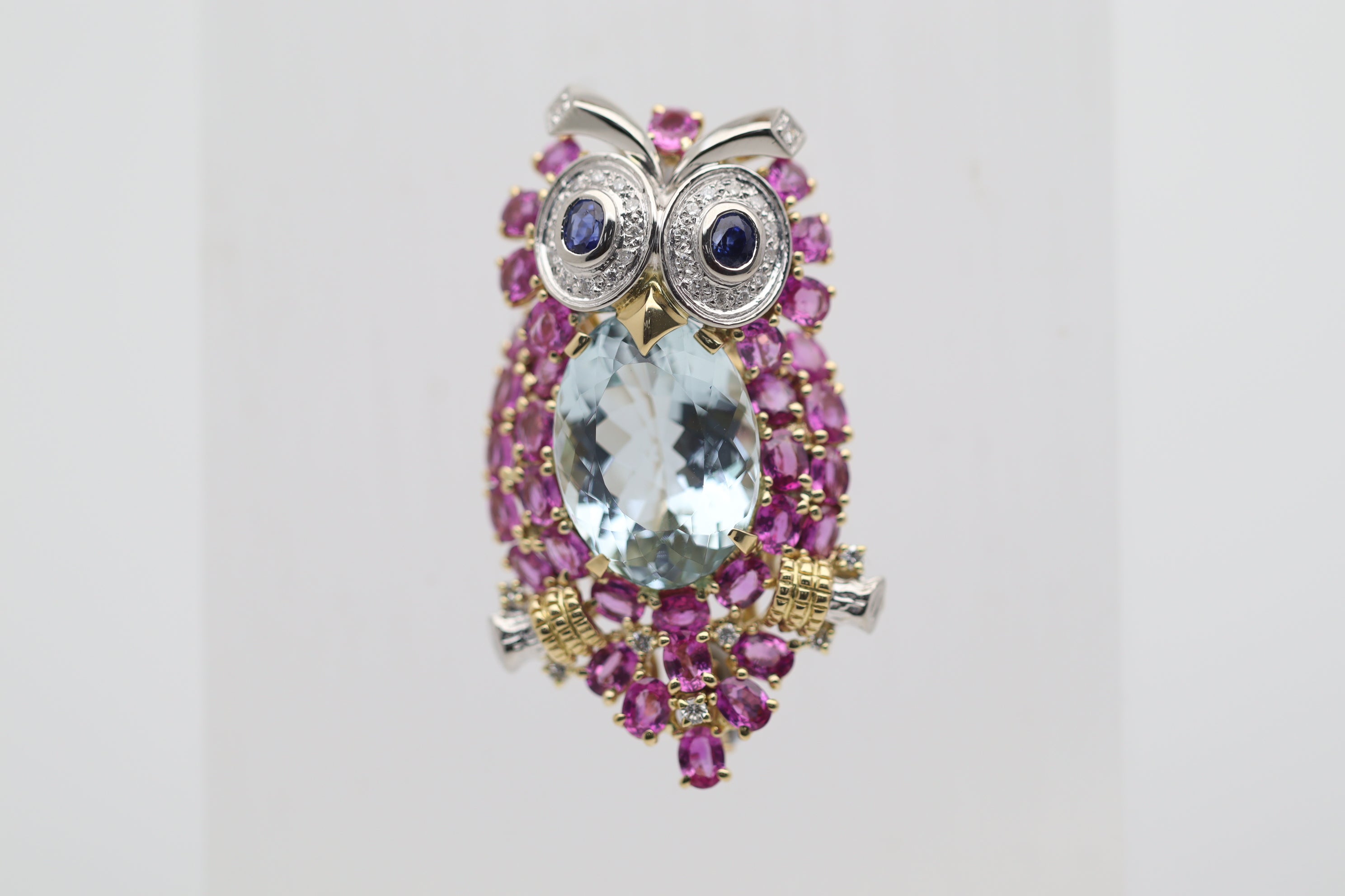 Aquamarine Diamond Sapphire Gold & Platinum Owl Brooch