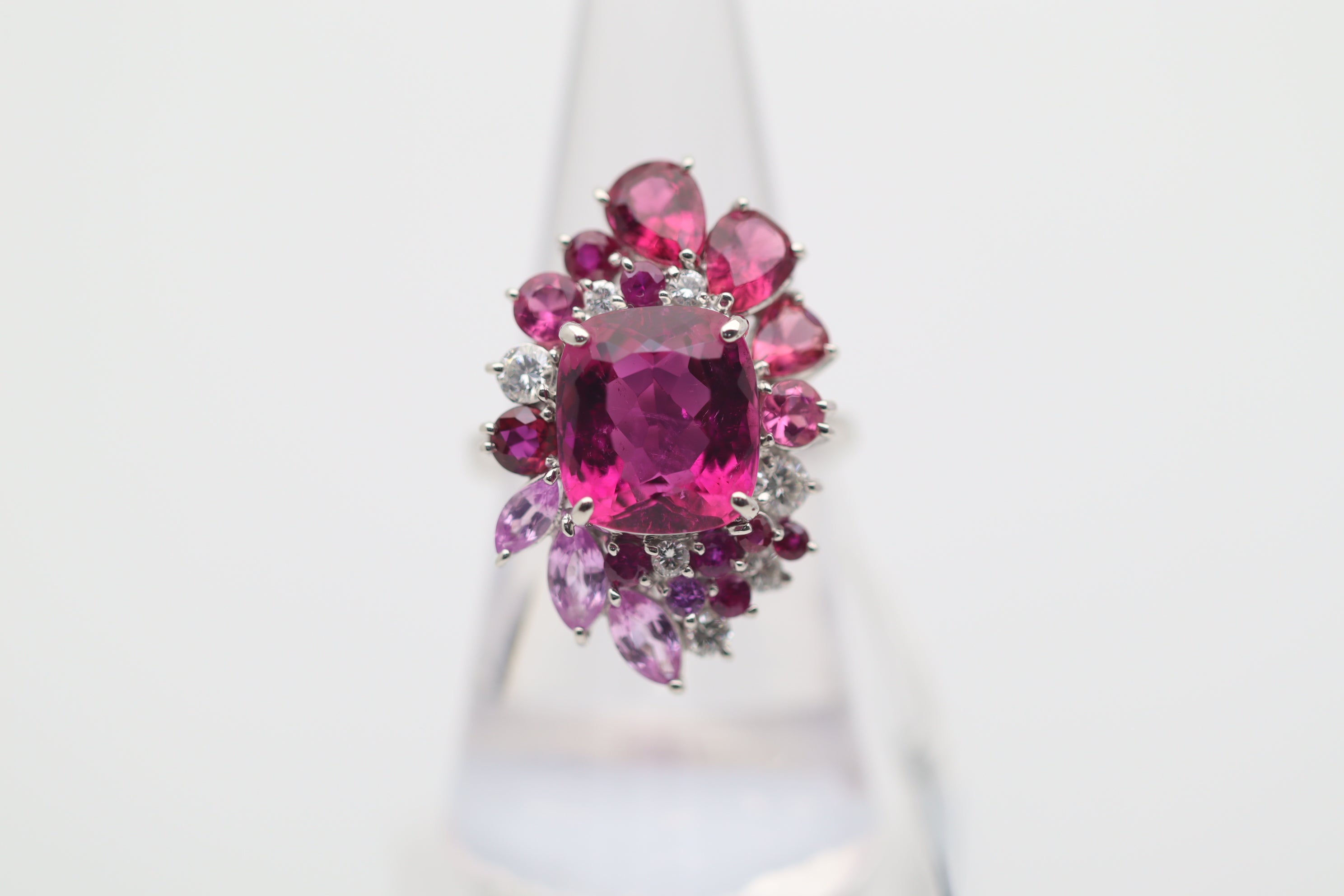 Superb Rubellite Tourmaline Diamond Platinum Sunburst Ring