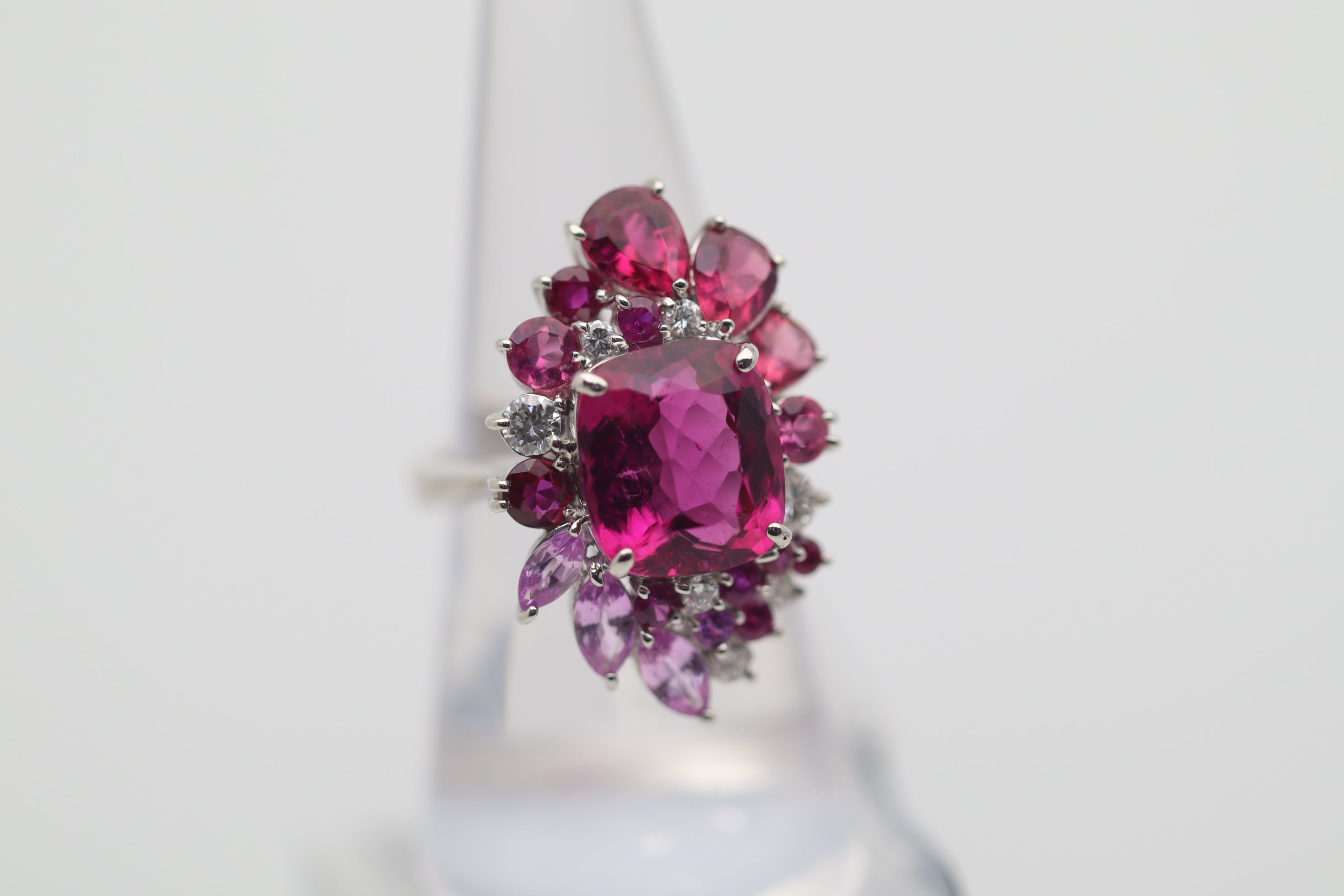 Superb Rubellite Tourmaline Diamond Platinum Sunburst Ring