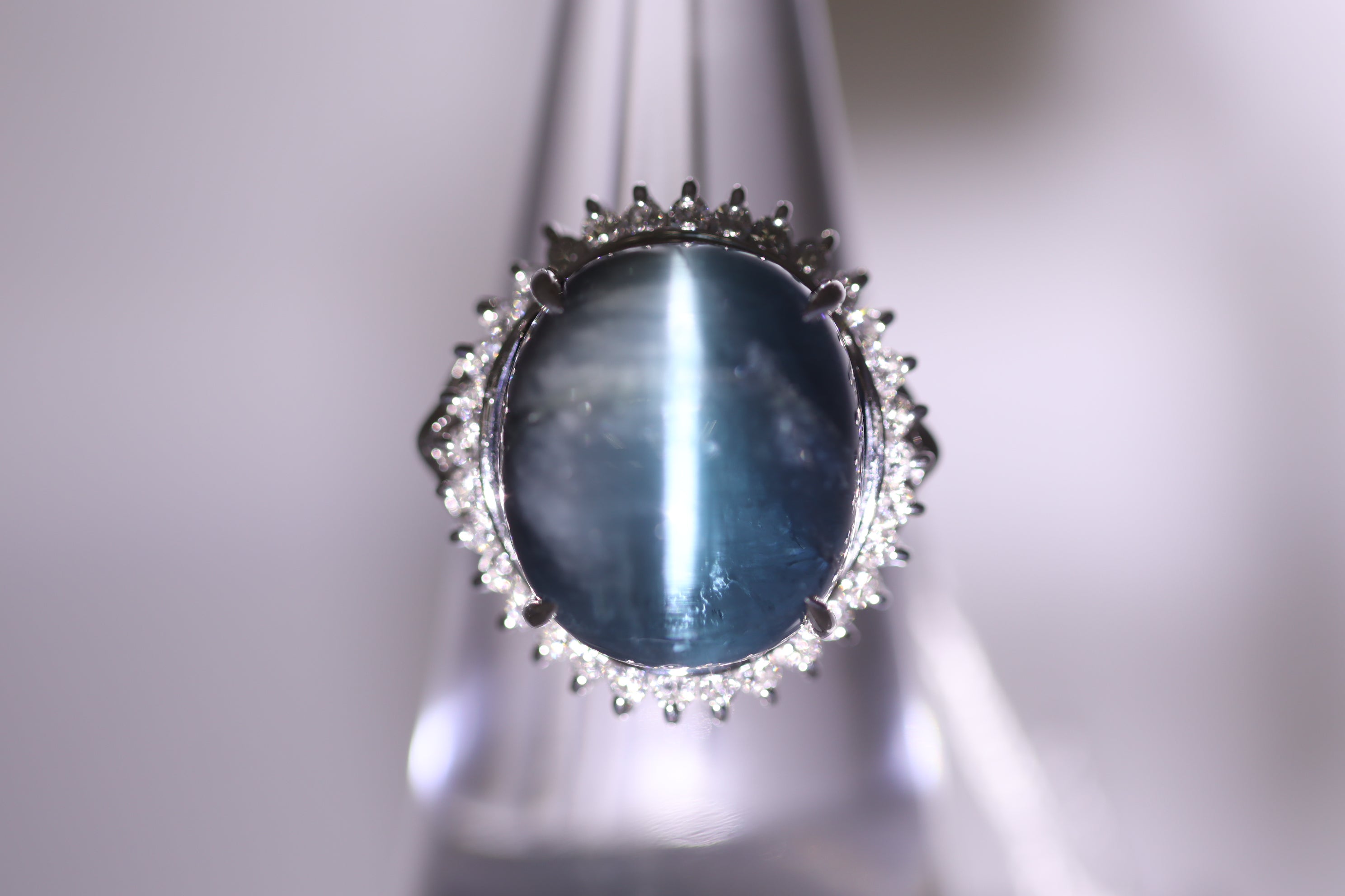 Cats Eye Indicolite Tourmaline Diamond Platinum Ring