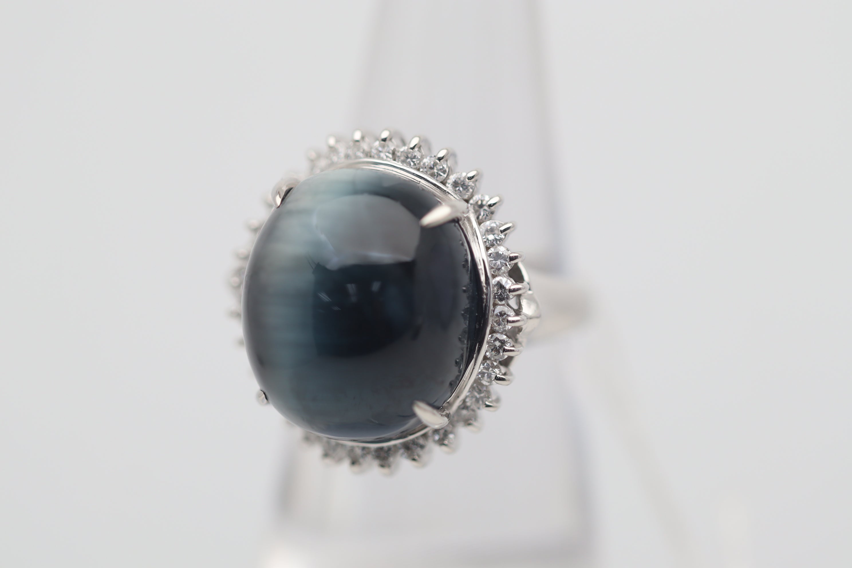 Cats Eye Indicolite Tourmaline Diamond Platinum Ring