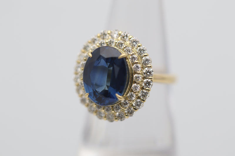 5.96 Carat Sapphire Diamond Double-Halo Gold Ring