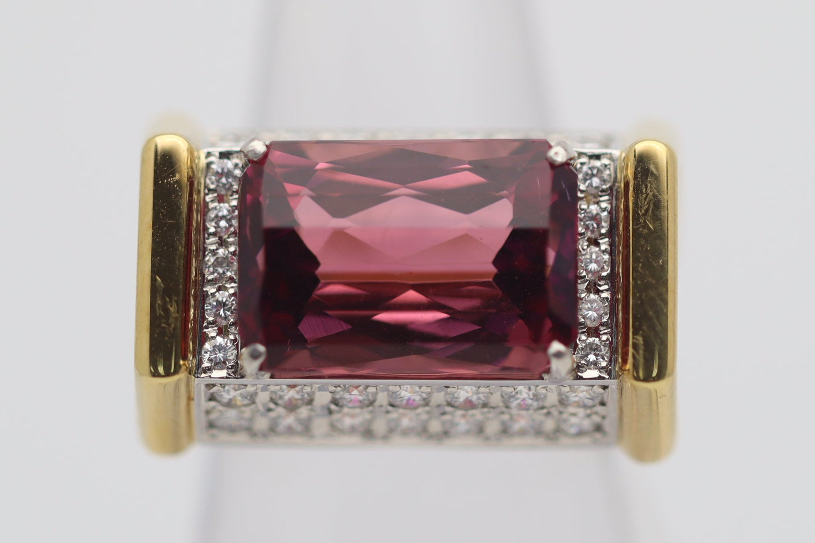 8.63 Carat Pink Tourmaline Diamond Gold & Platinum Geometric Ring
