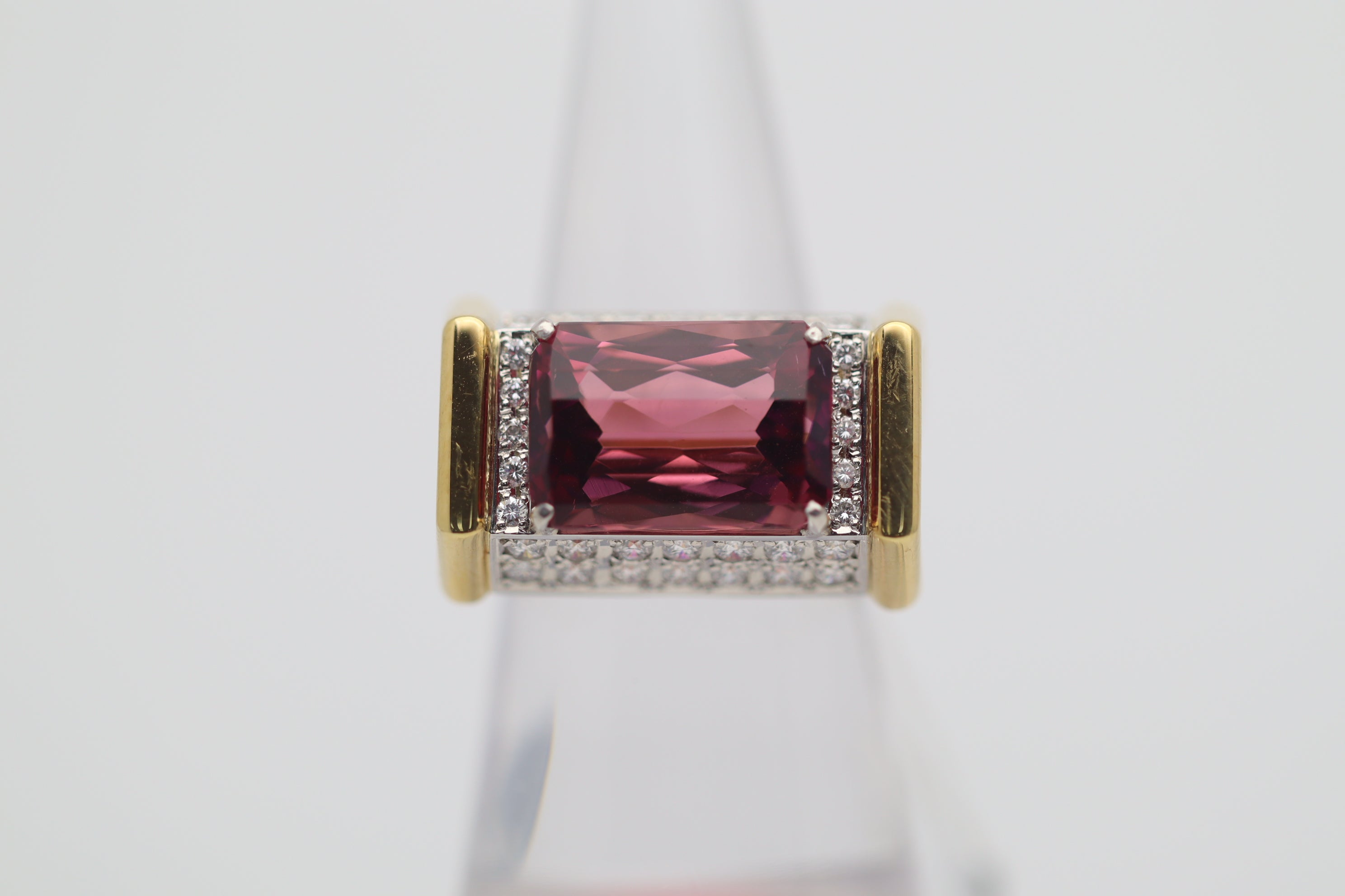 8.63 Carat Pink Tourmaline Diamond Gold & Platinum Geometric Ring