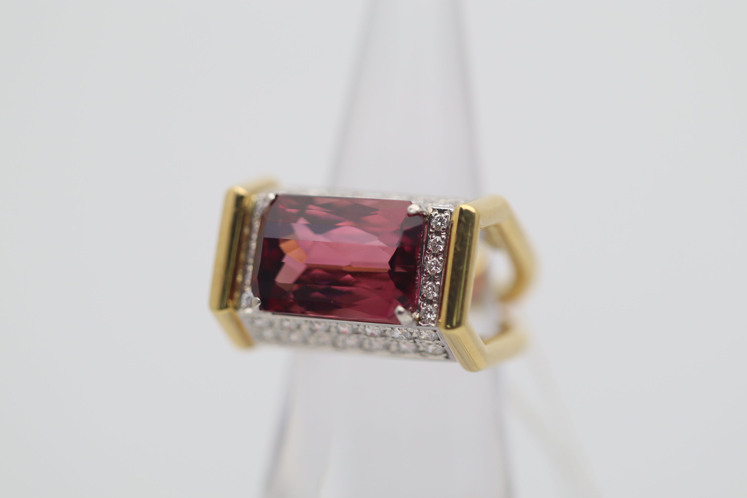 8.63 Carat Pink Tourmaline Diamond Gold & Platinum Geometric Ring