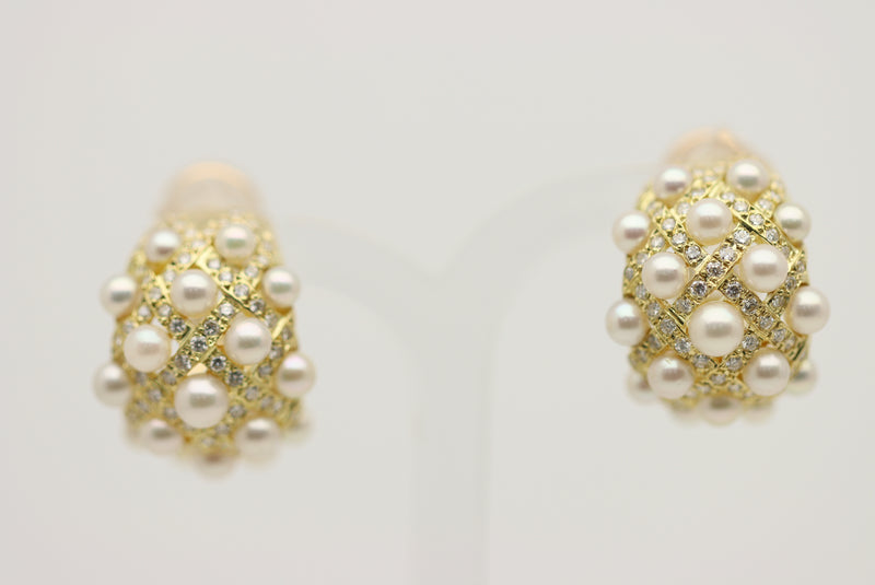 Diamond Akoya Pearl Gold Huggie Earrings