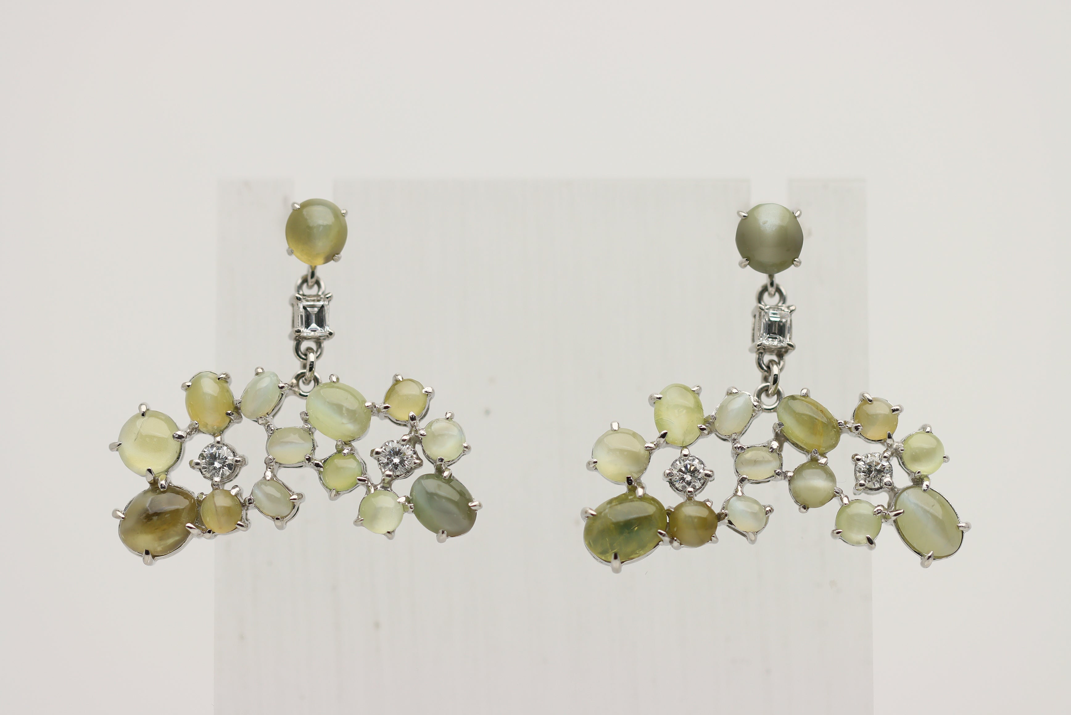 Cats Eye Chrysoberyl Diamond Platinum Drop Earrings