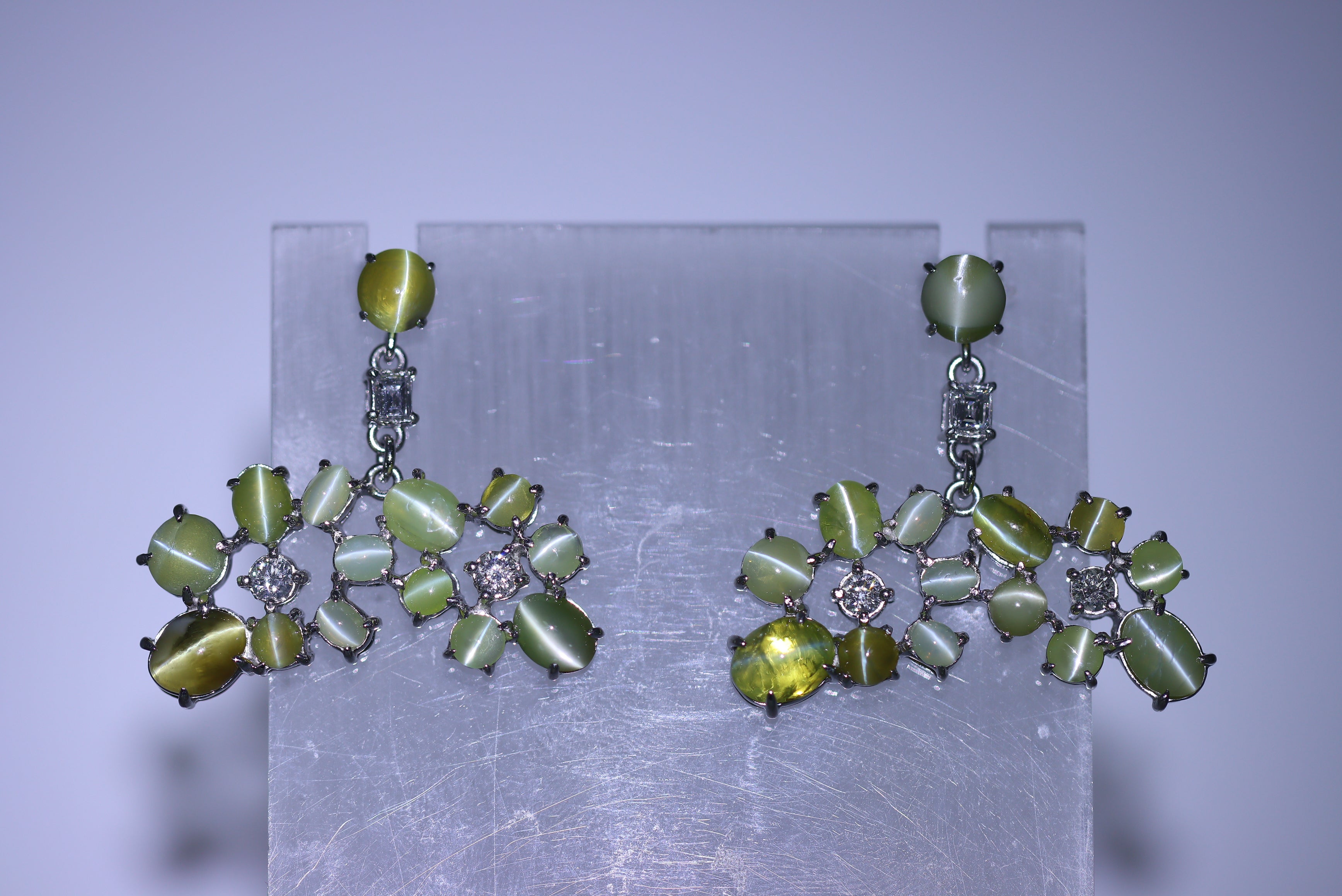 Cats Eye Chrysoberyl Diamond Platinum Drop Earrings