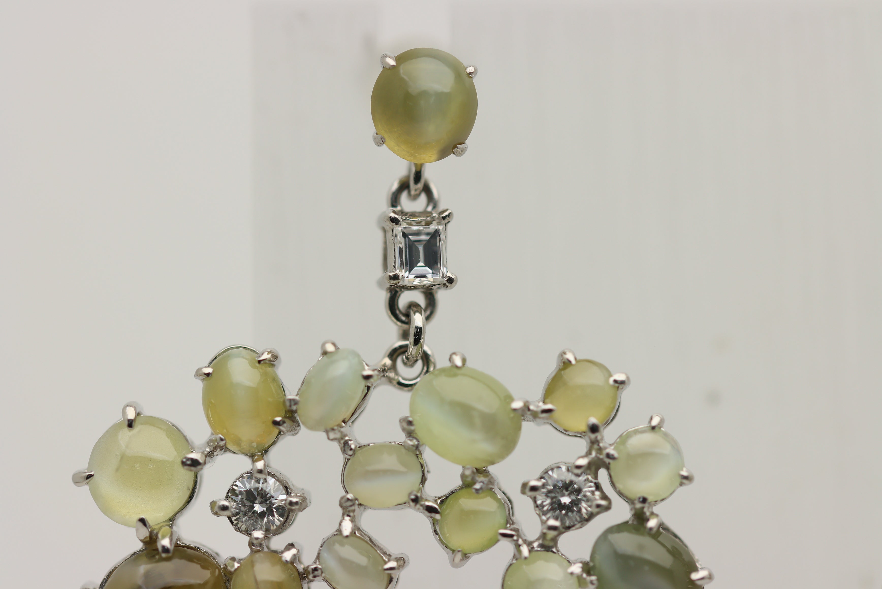 Cats Eye Chrysoberyl Diamond Platinum Drop Earrings