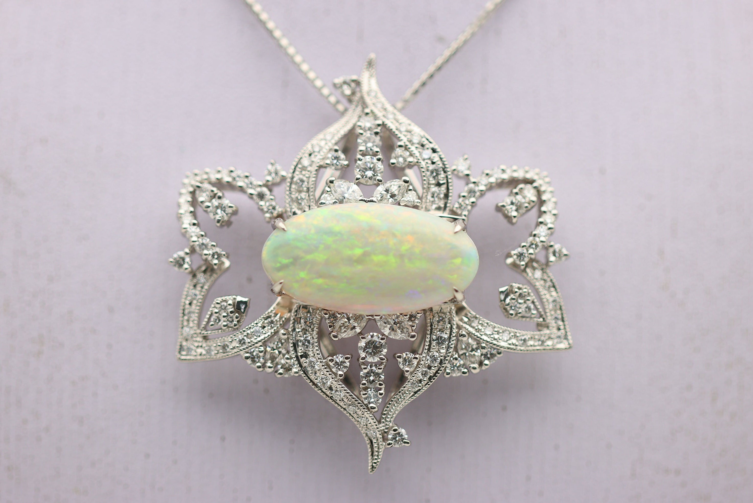Large Australian Crystal Opal Diamond Platinum Pendant