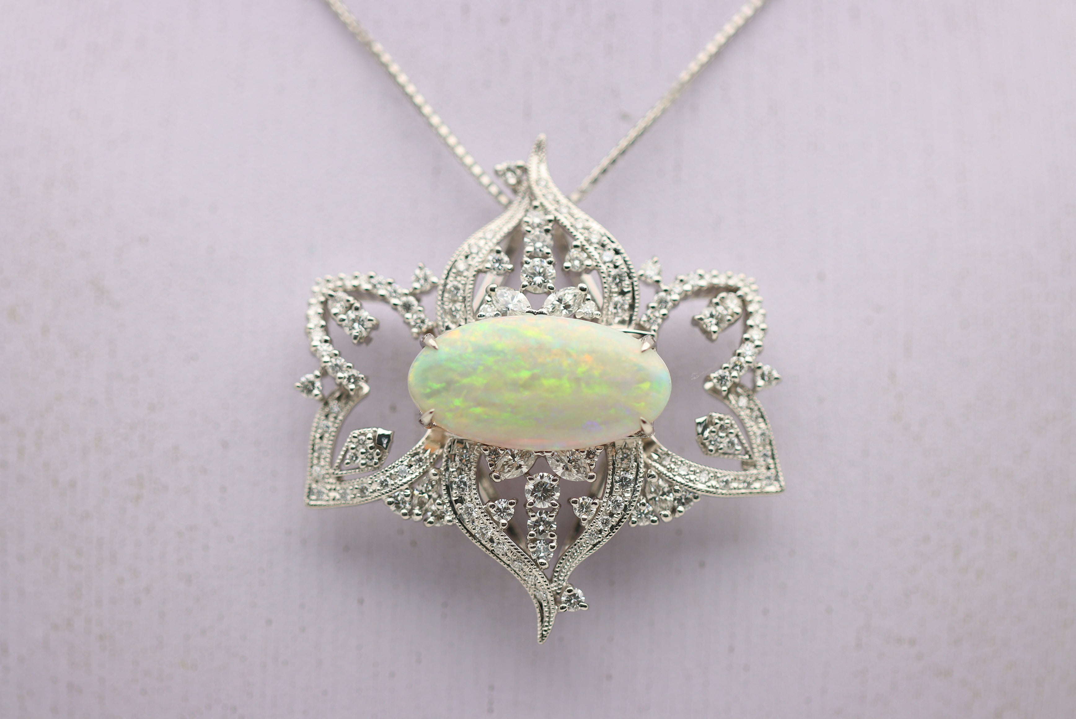 Large Australian Crystal Opal Diamond Platinum Pendant