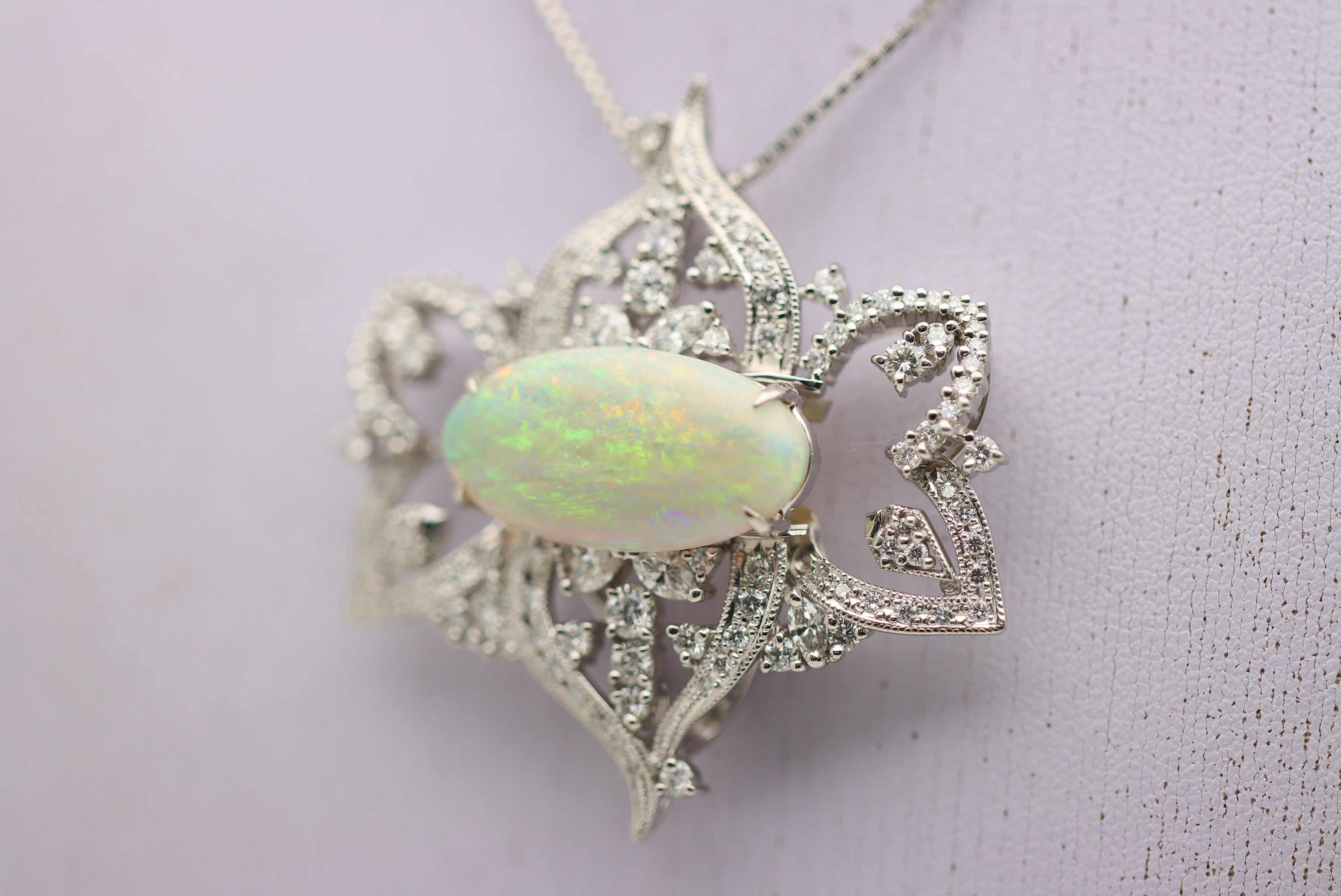 Large Australian Crystal Opal Diamond Platinum Pendant