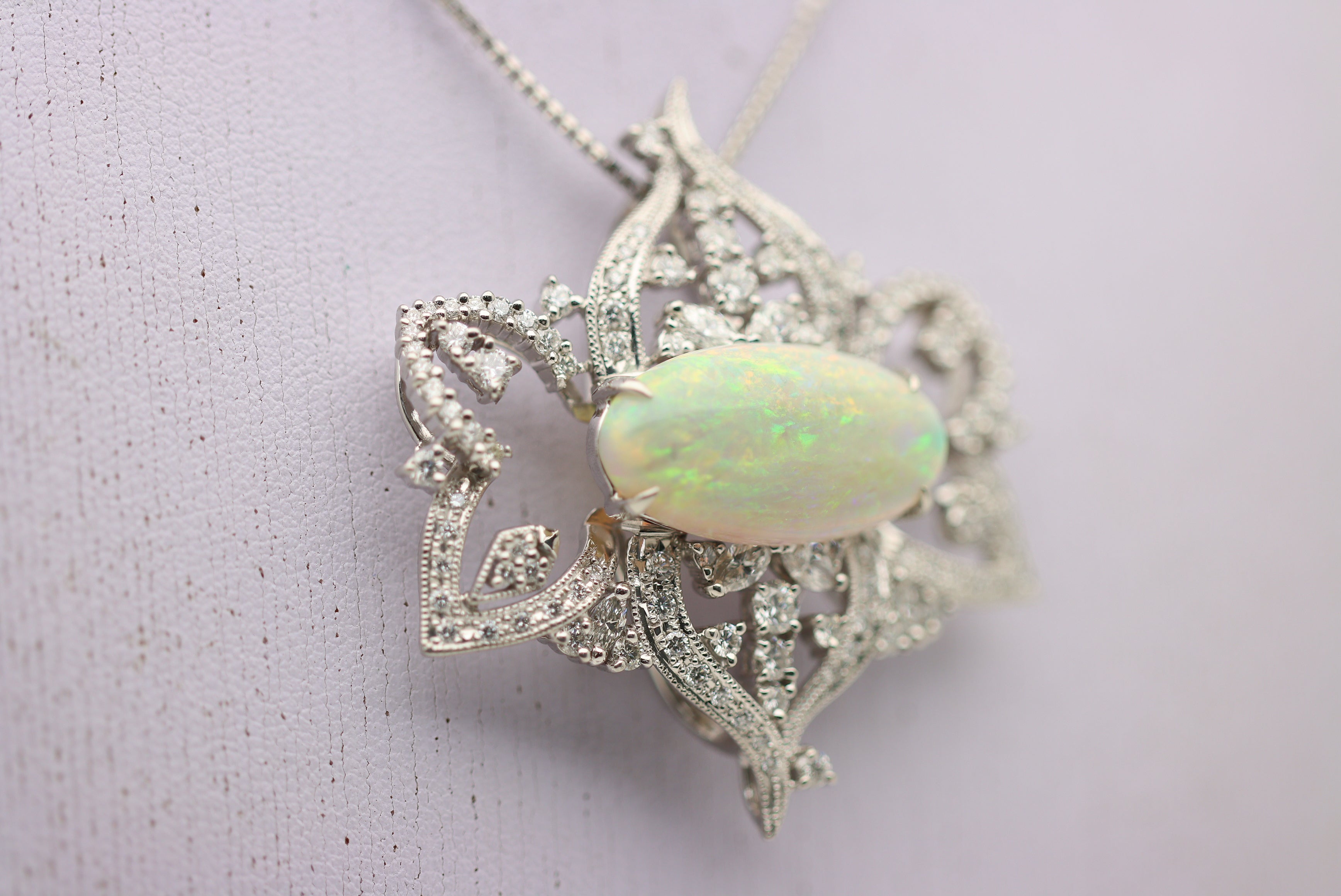 Large Australian Crystal Opal Diamond Platinum Pendant