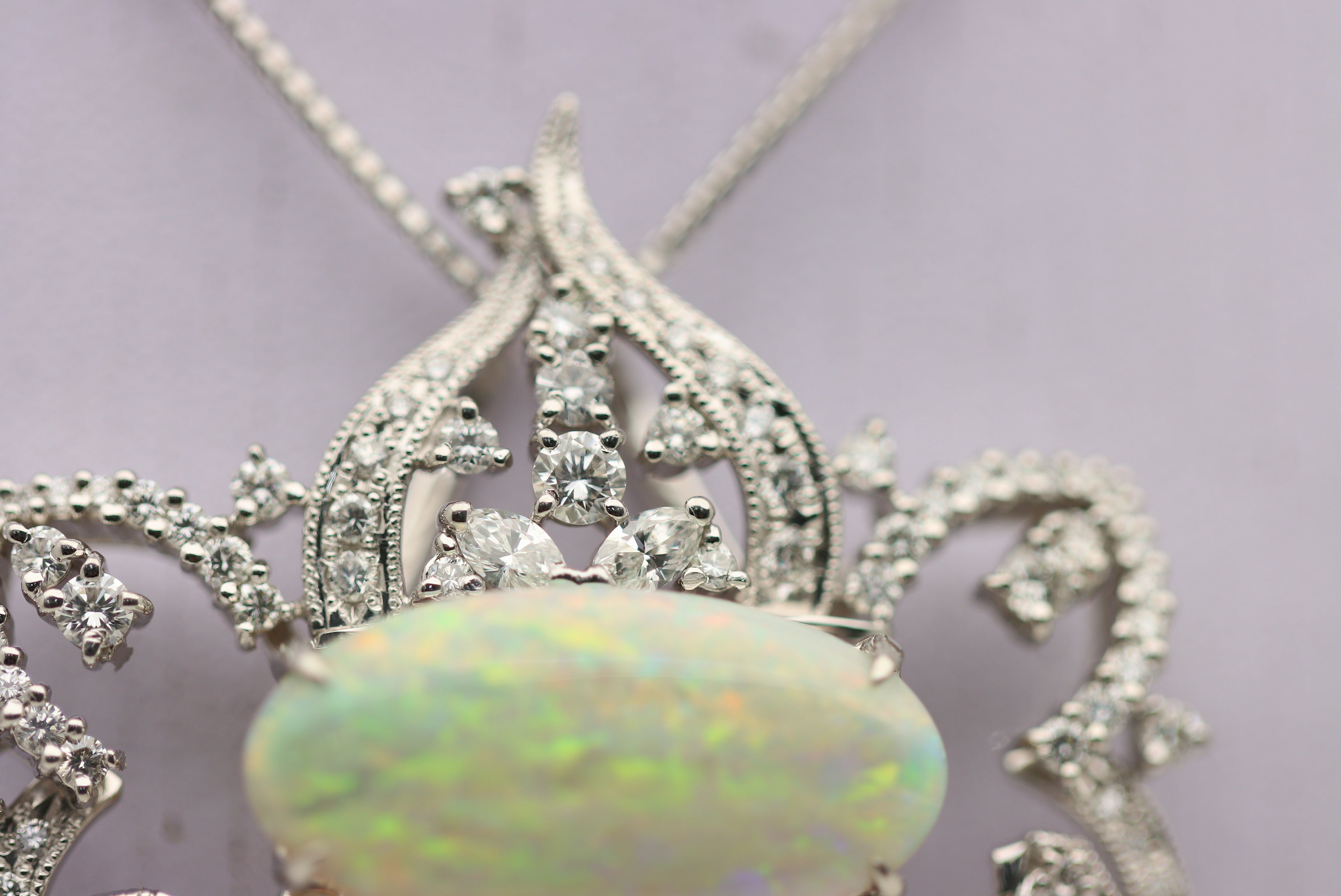 Large Australian Crystal Opal Diamond Platinum Pendant