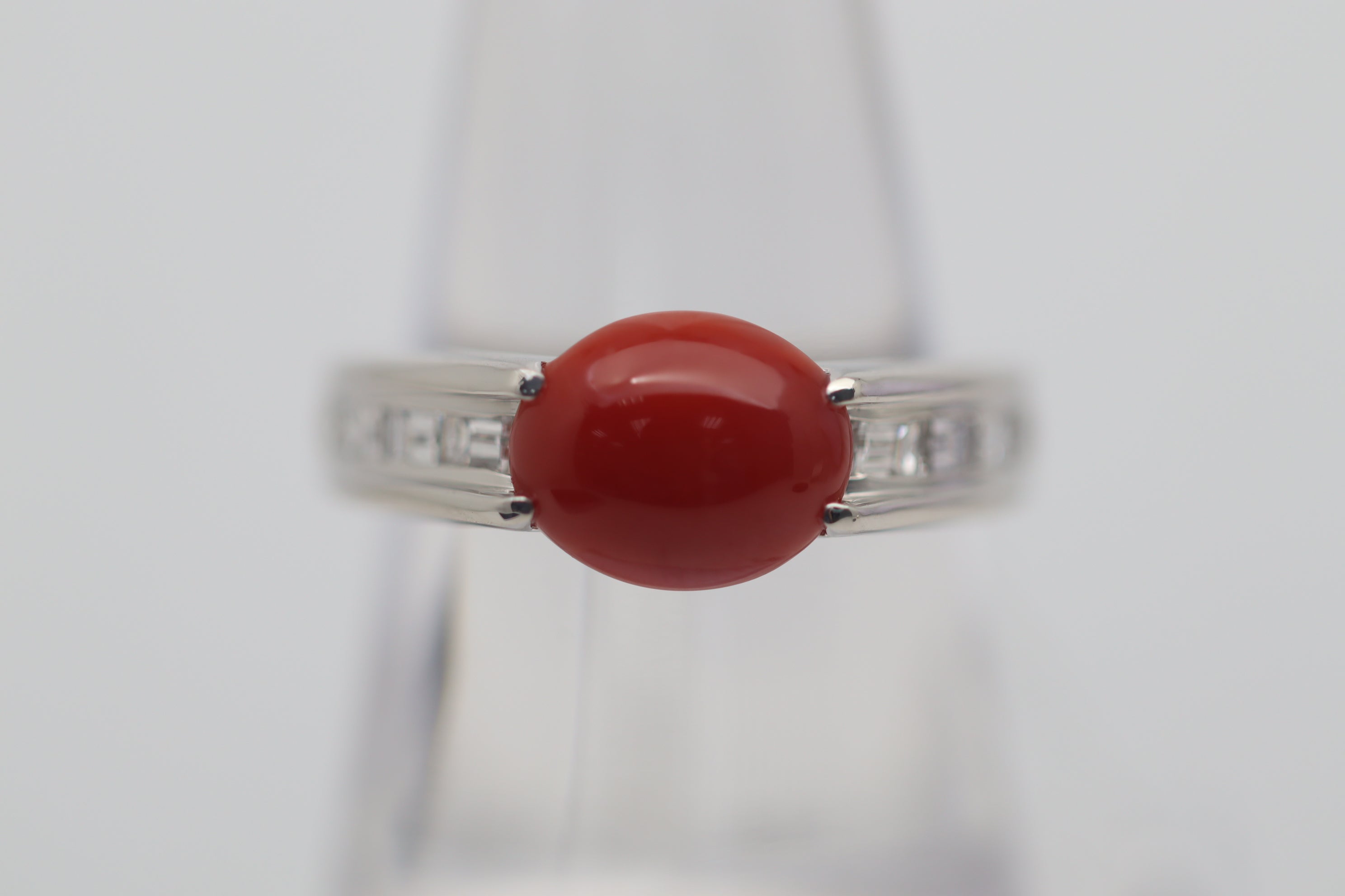 Red Coral Diamond Platinum Ring