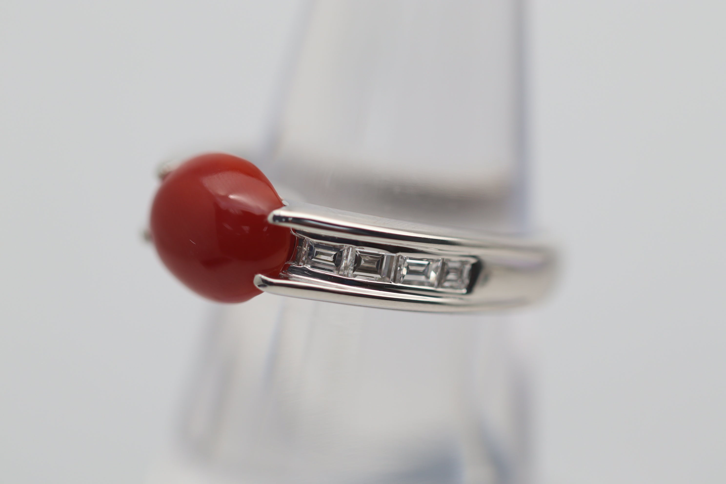 Red Coral Diamond Platinum Ring