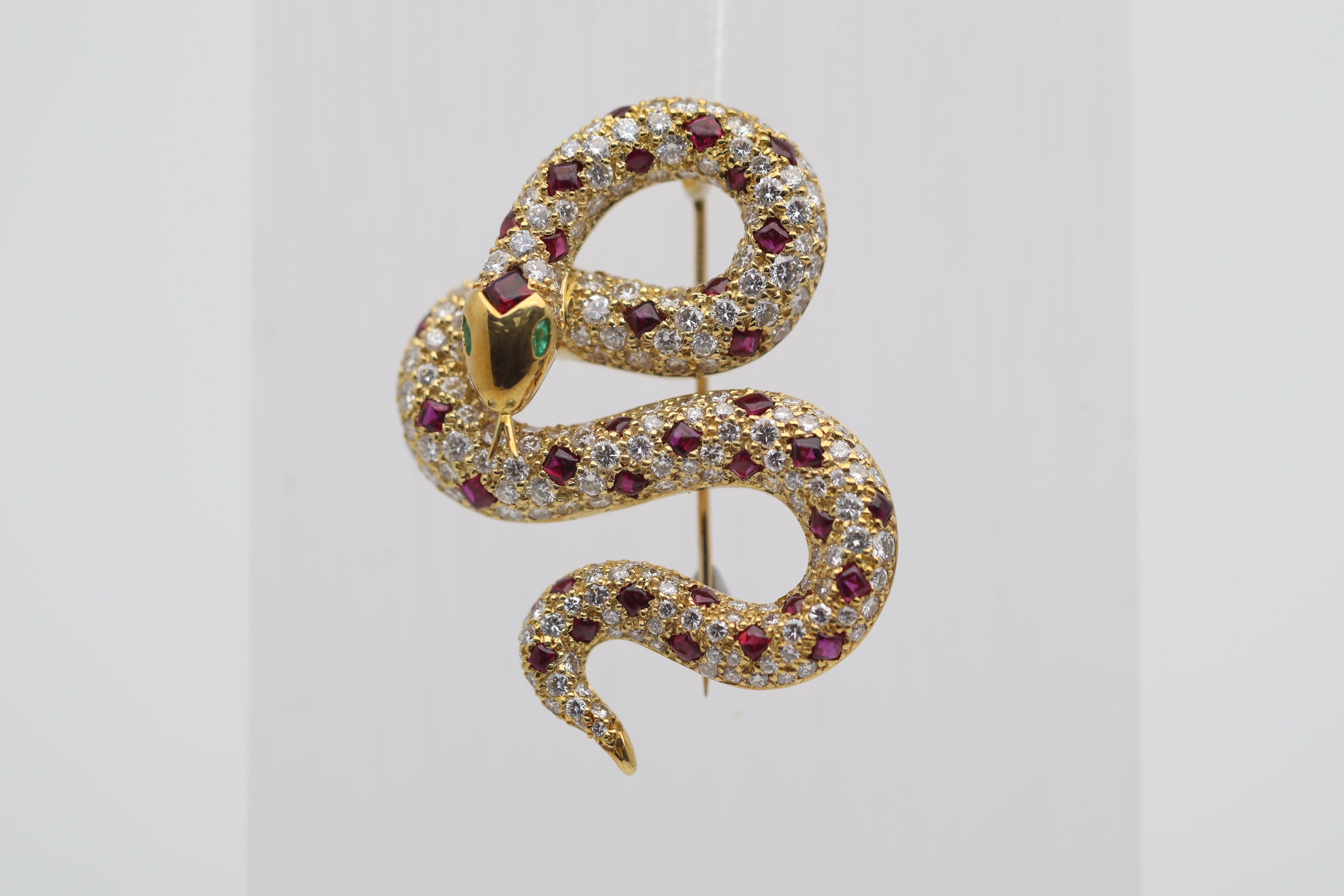 Diamond Ruby Emerald Gold Coiled Snake Brooch