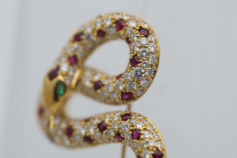 Diamond Ruby Emerald Gold Coiled Snake Brooch