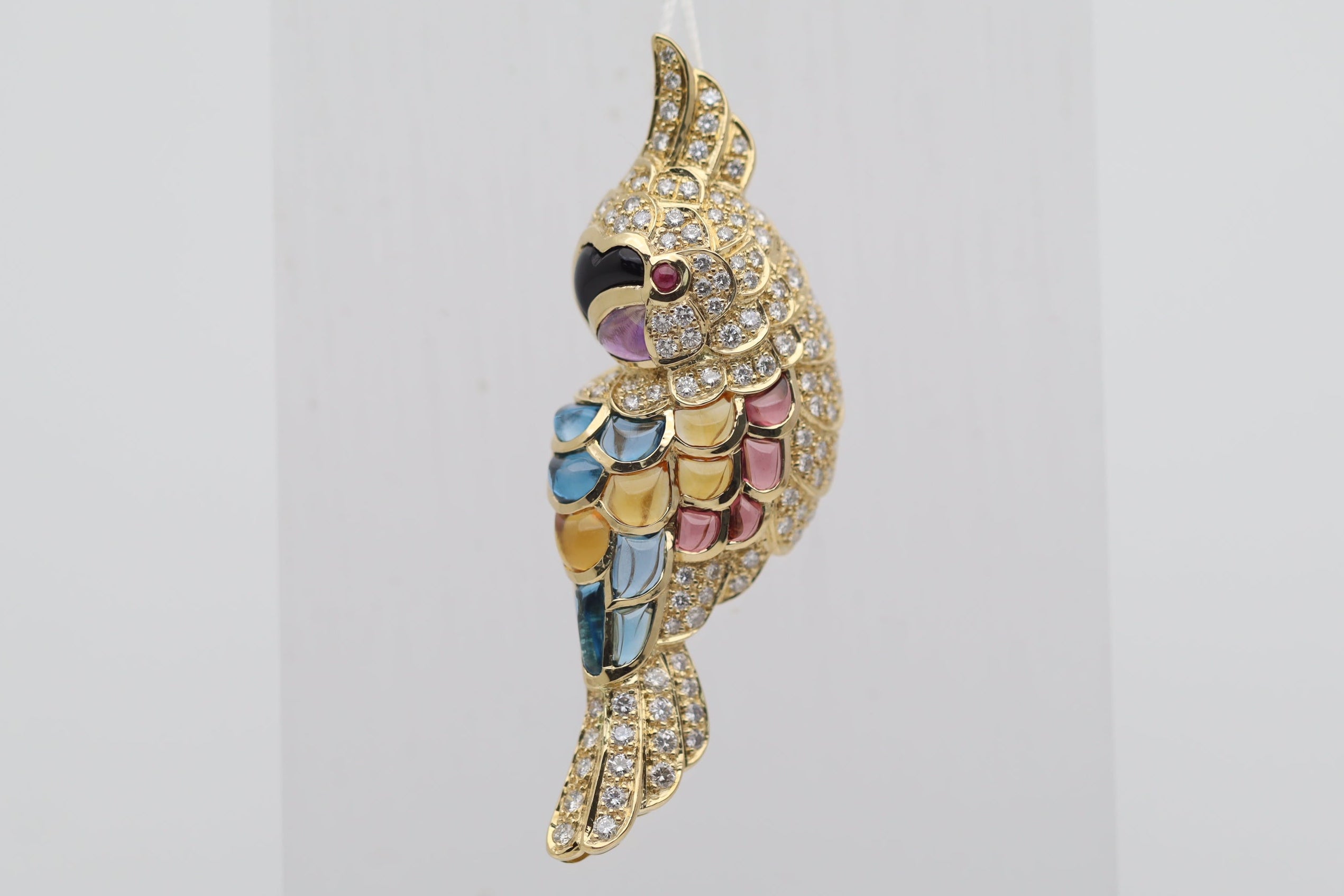 Diamond Onyx Multicolor Gemstone Gold Toucan Pendant Brooch