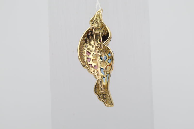 Diamond Onyx Multicolor Gemstone Gold Toucan Pendant Brooch