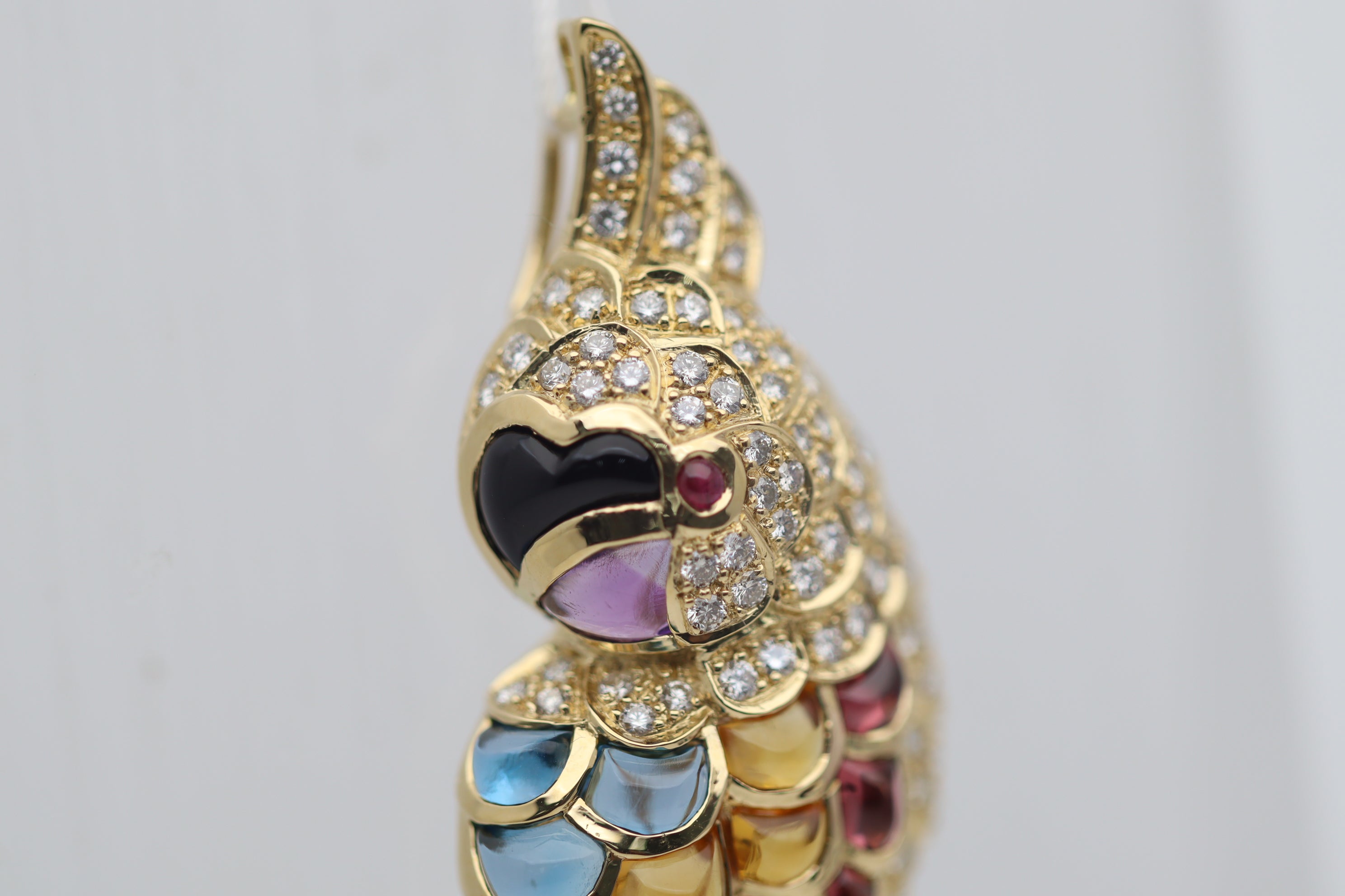 Diamond Onyx Multicolor Gemstone Gold Toucan Pendant Brooch