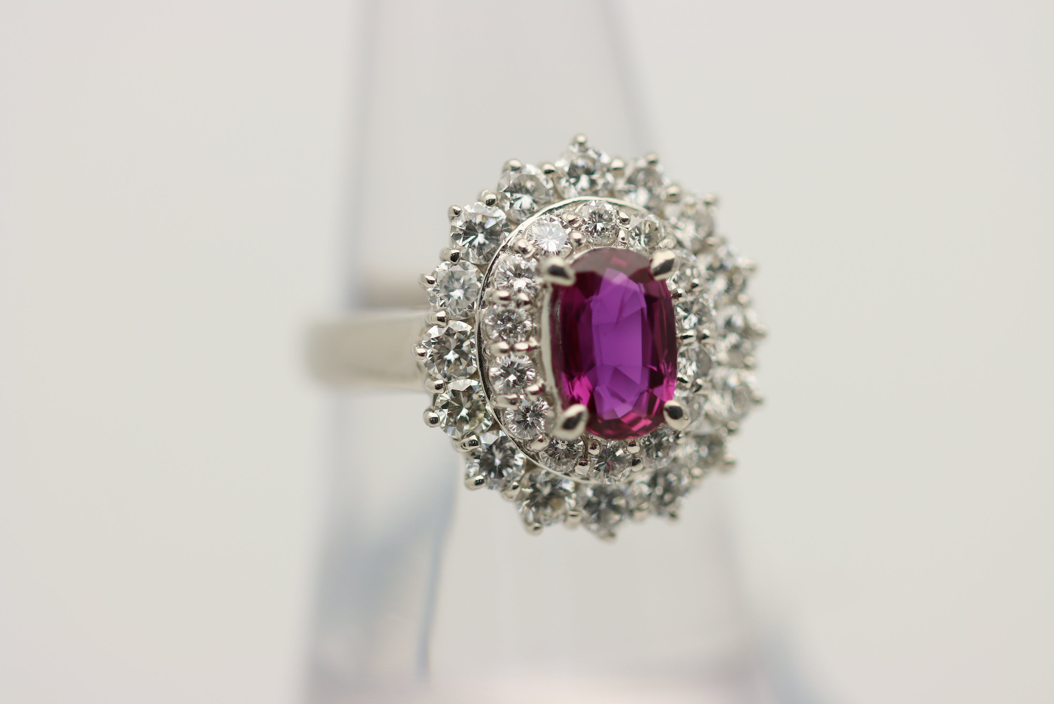 1.36 Carat Ruby Diamond Double-Halo Platinum Ring