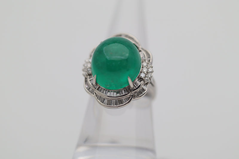13.65 Carat Cabochon Emerald Diamond Platinum Cocktail Ring