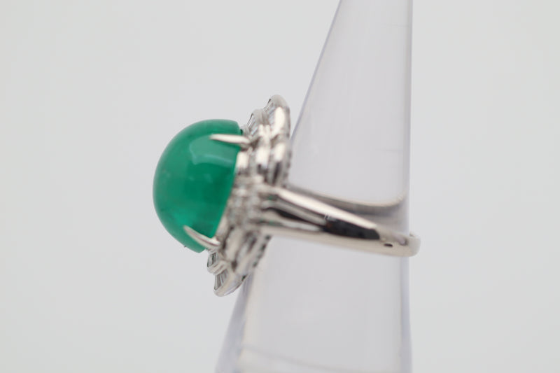 13.65 Carat Cabochon Emerald Diamond Platinum Cocktail Ring