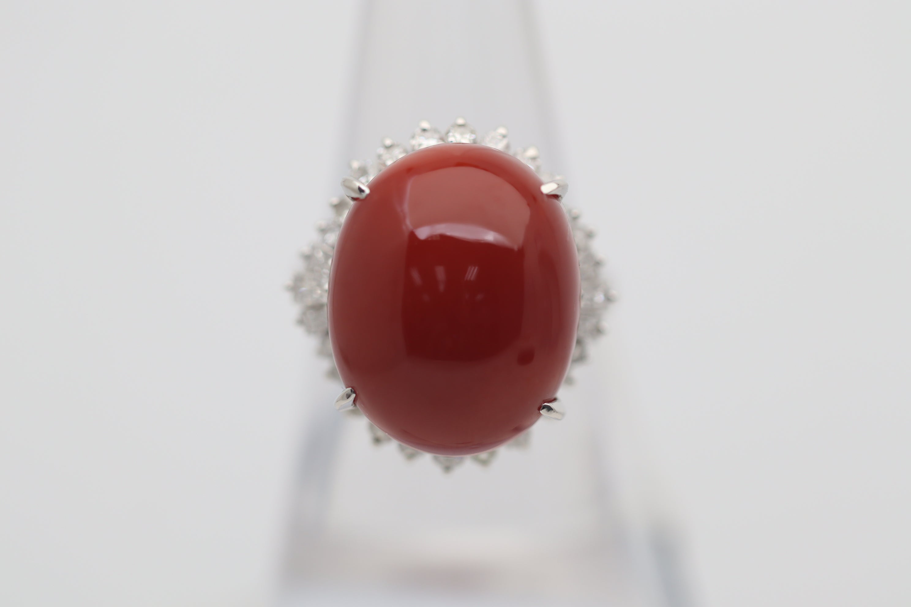 Red Coral Diamond Platinum Cocktail Ring