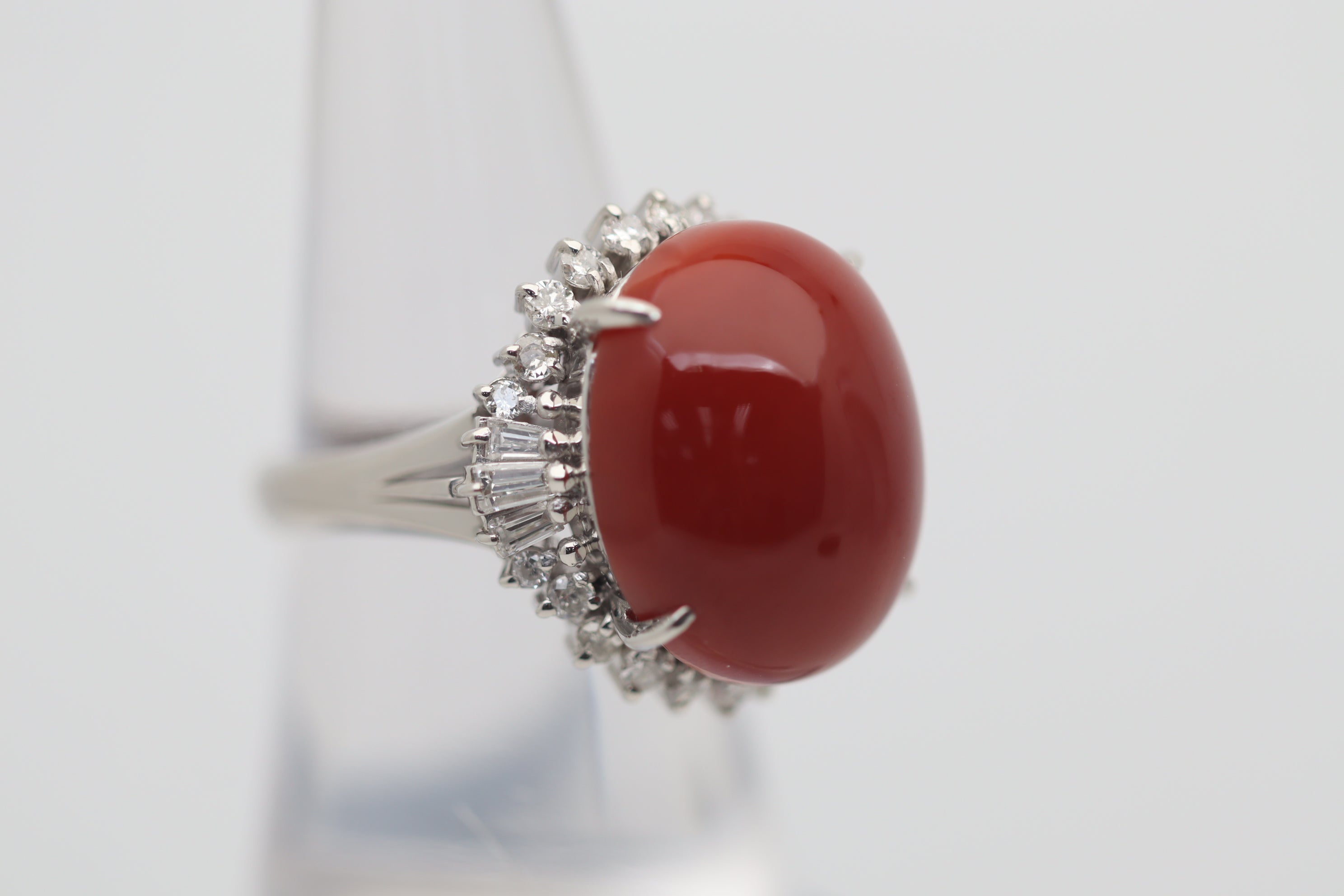 Red Coral Diamond Platinum Cocktail Ring