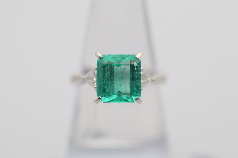 Emerald Diamond 3-Stone Platinum Ring