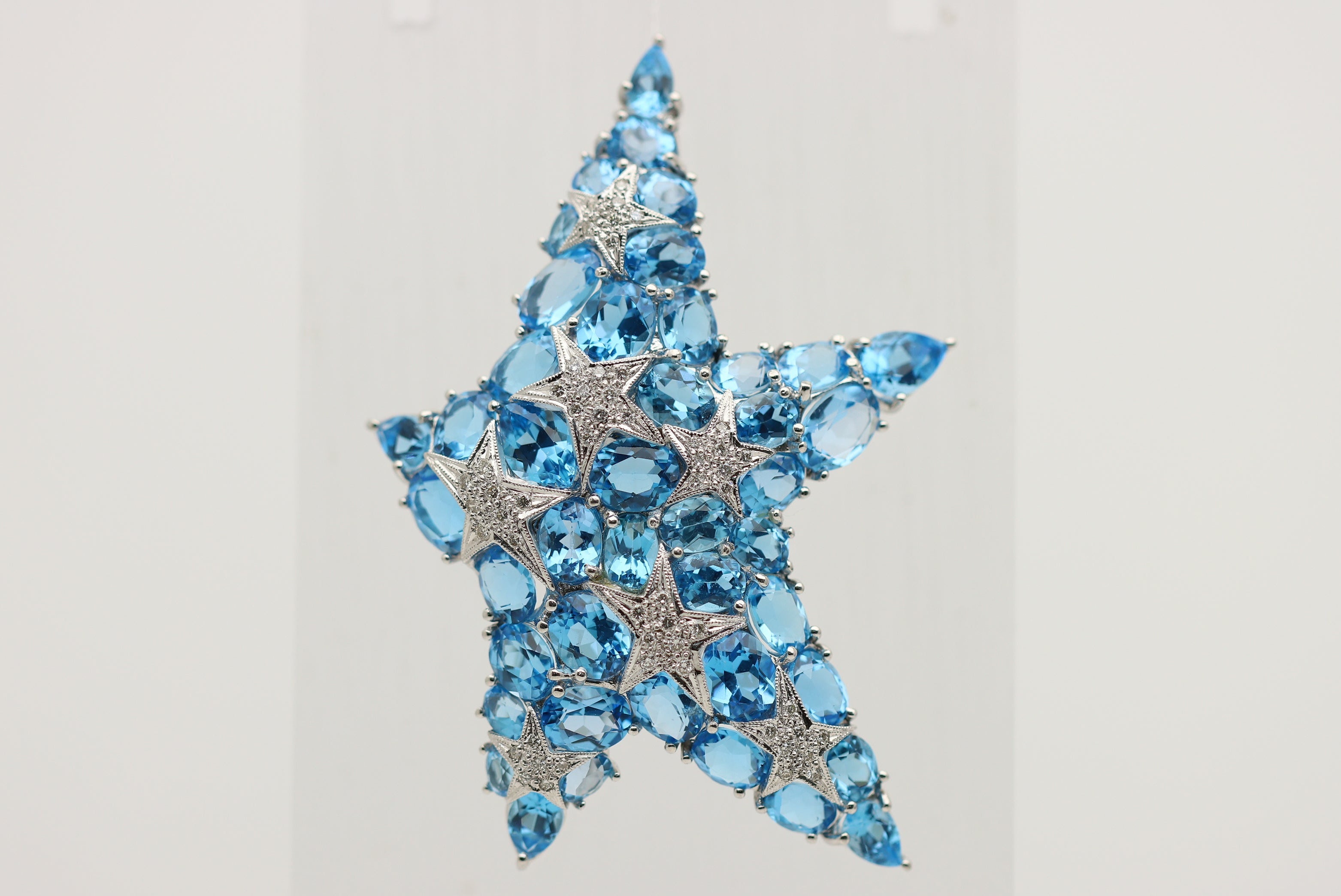 Large Blue Topaz Diamond Gold Starfish Brooch