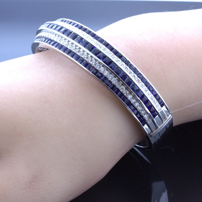 Blue-Sapphire Diamond 18k White Gold Bangle Bracelet