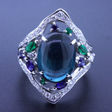 7.32 Carat Cabochon Indicolite Tourmaline Diamond Emerald Sapphire Platinum Ring