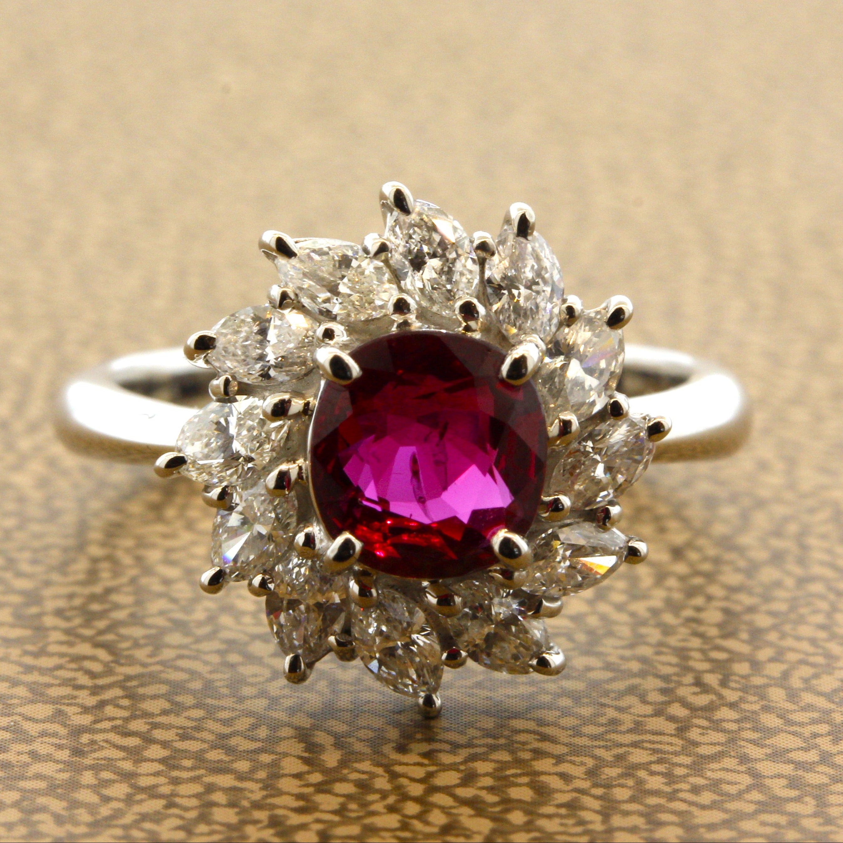 Ruby Diamond Sunburst Platinum Ring