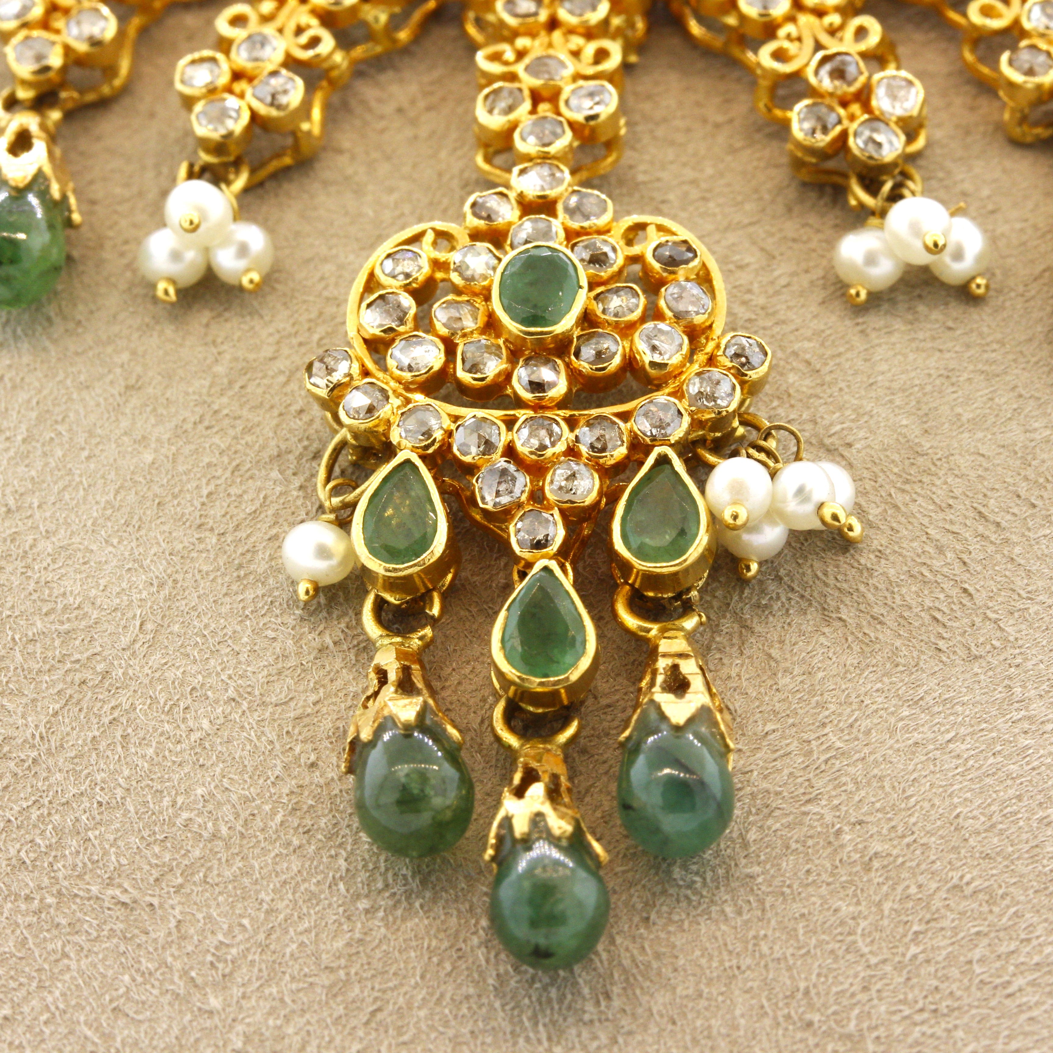 Emerald Diamond Seed-Pearl High-Karat Gold Necklace