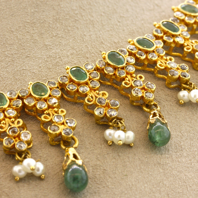 Emerald Diamond Seed-Pearl High-Karat Gold Necklace
