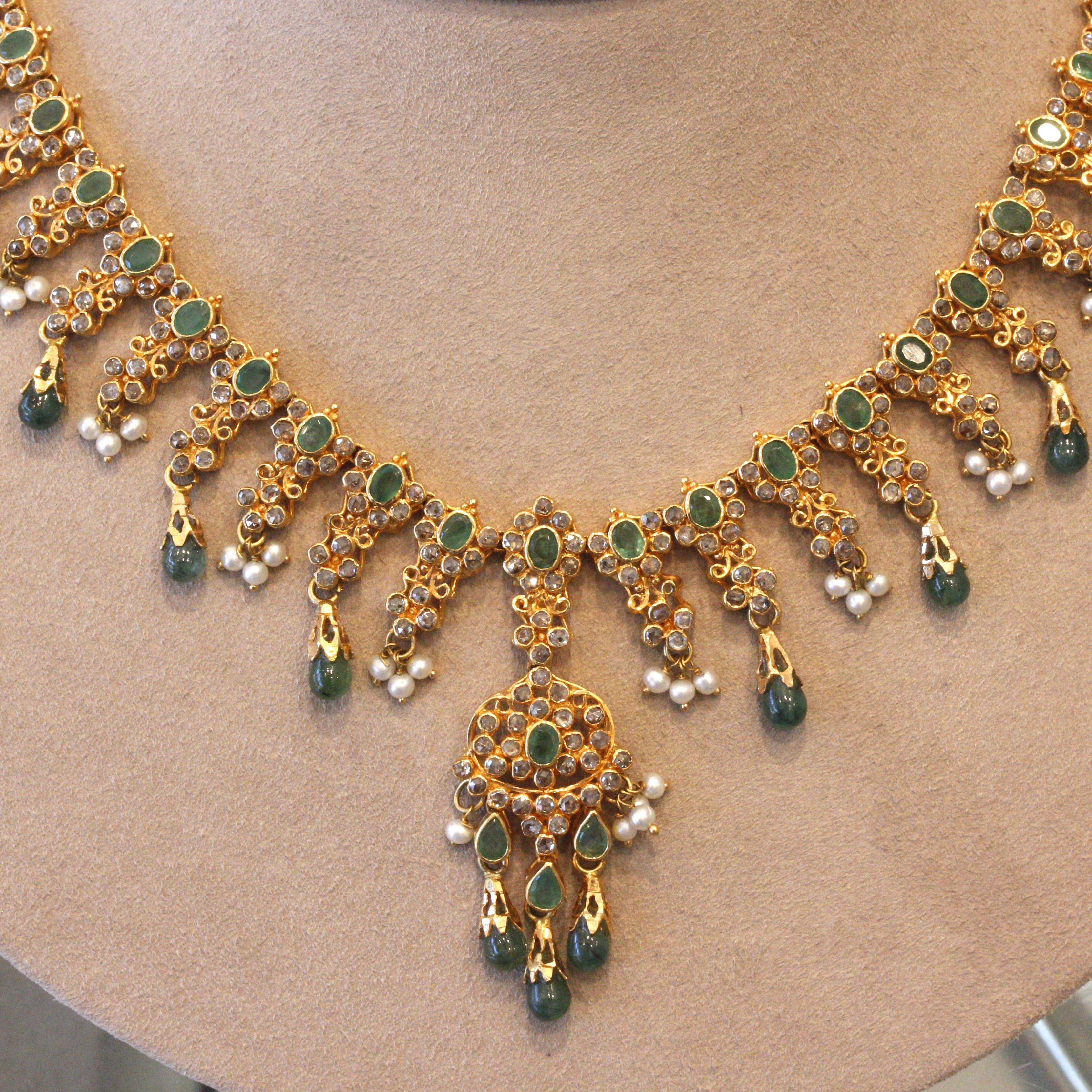 Emerald Diamond Seed-Pearl High-Karat Gold Necklace