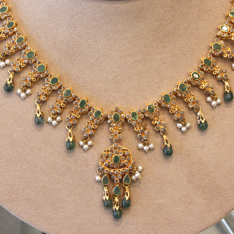 Emerald Diamond Seed-Pearl High-Karat Gold Necklace