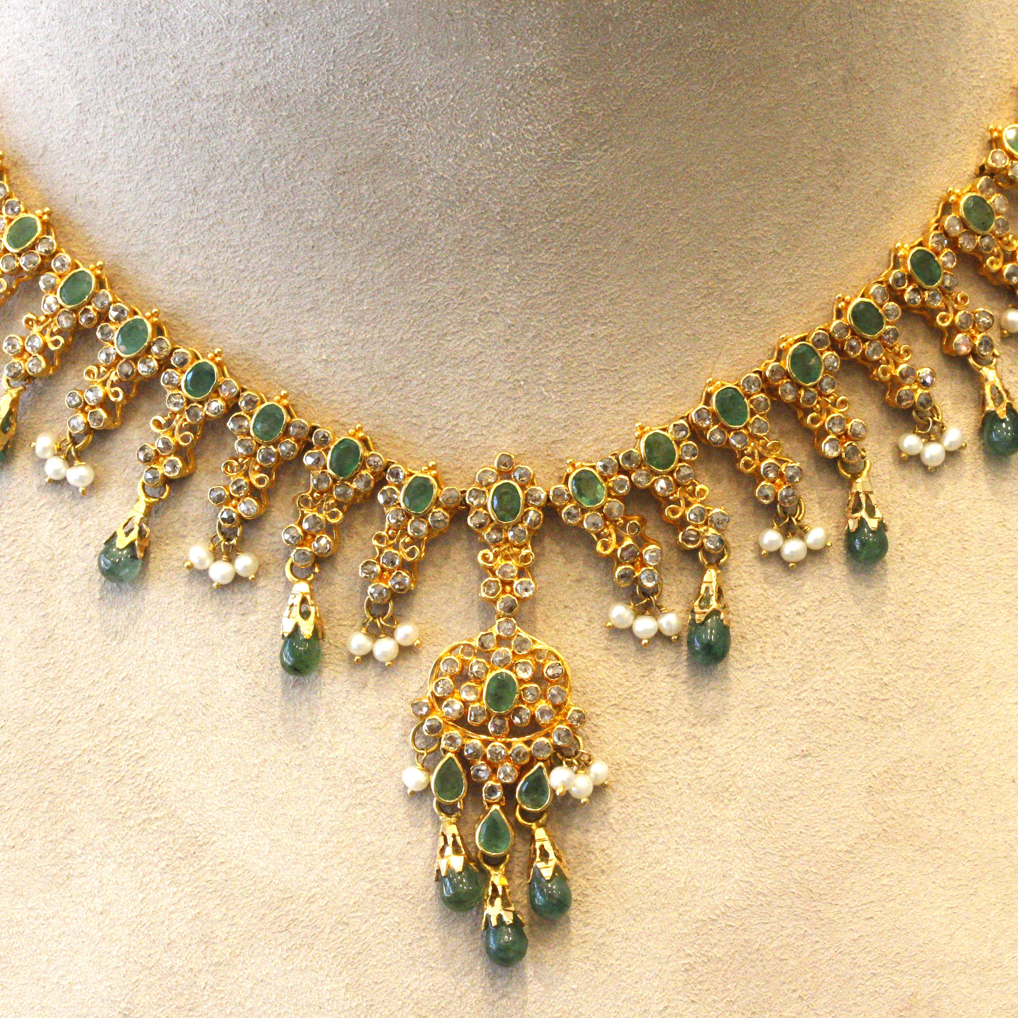 Emerald Diamond Seed-Pearl High-Karat Gold Necklace