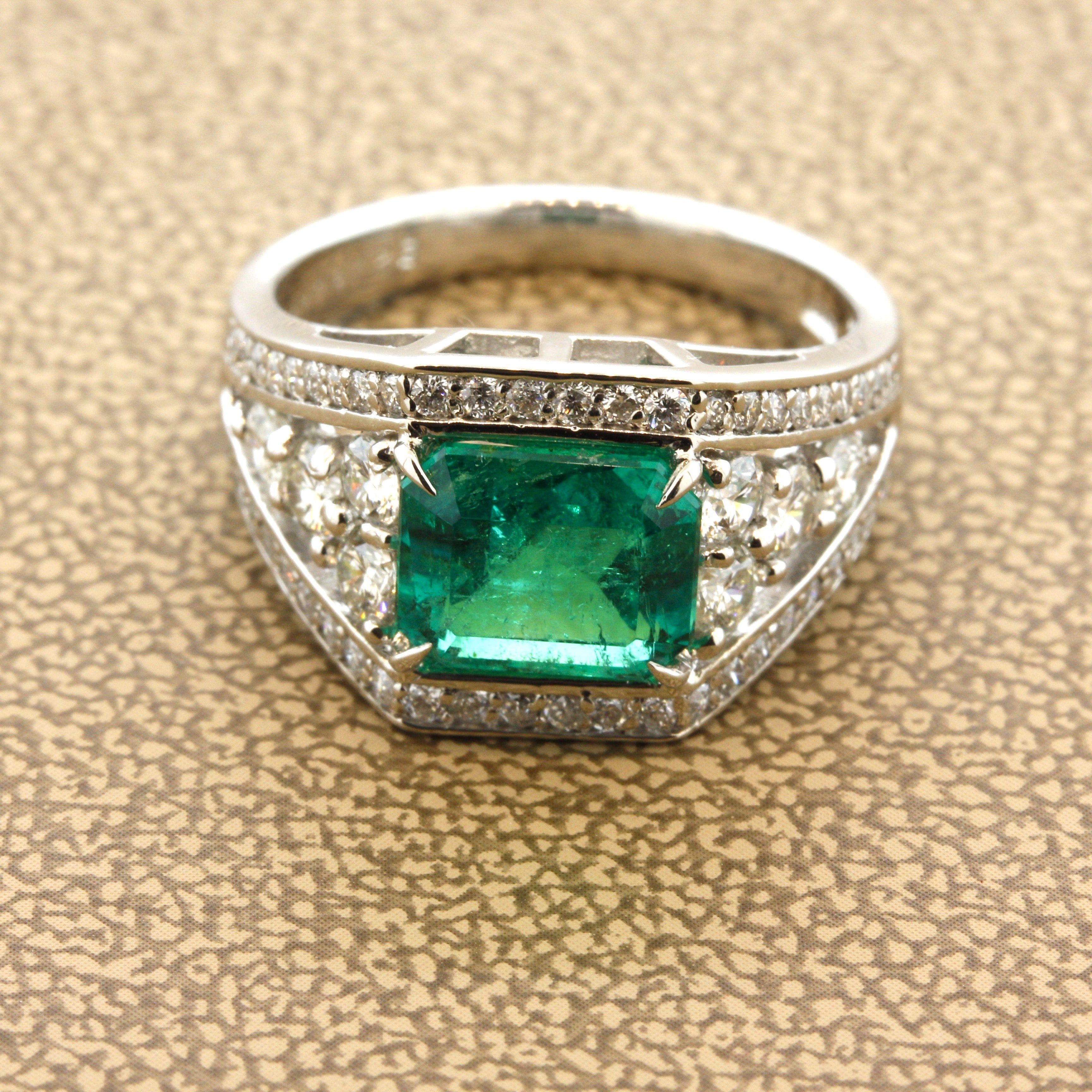 Colombian Emerald Diamond Platinum Ring, GRS Certified Insignificant Oil