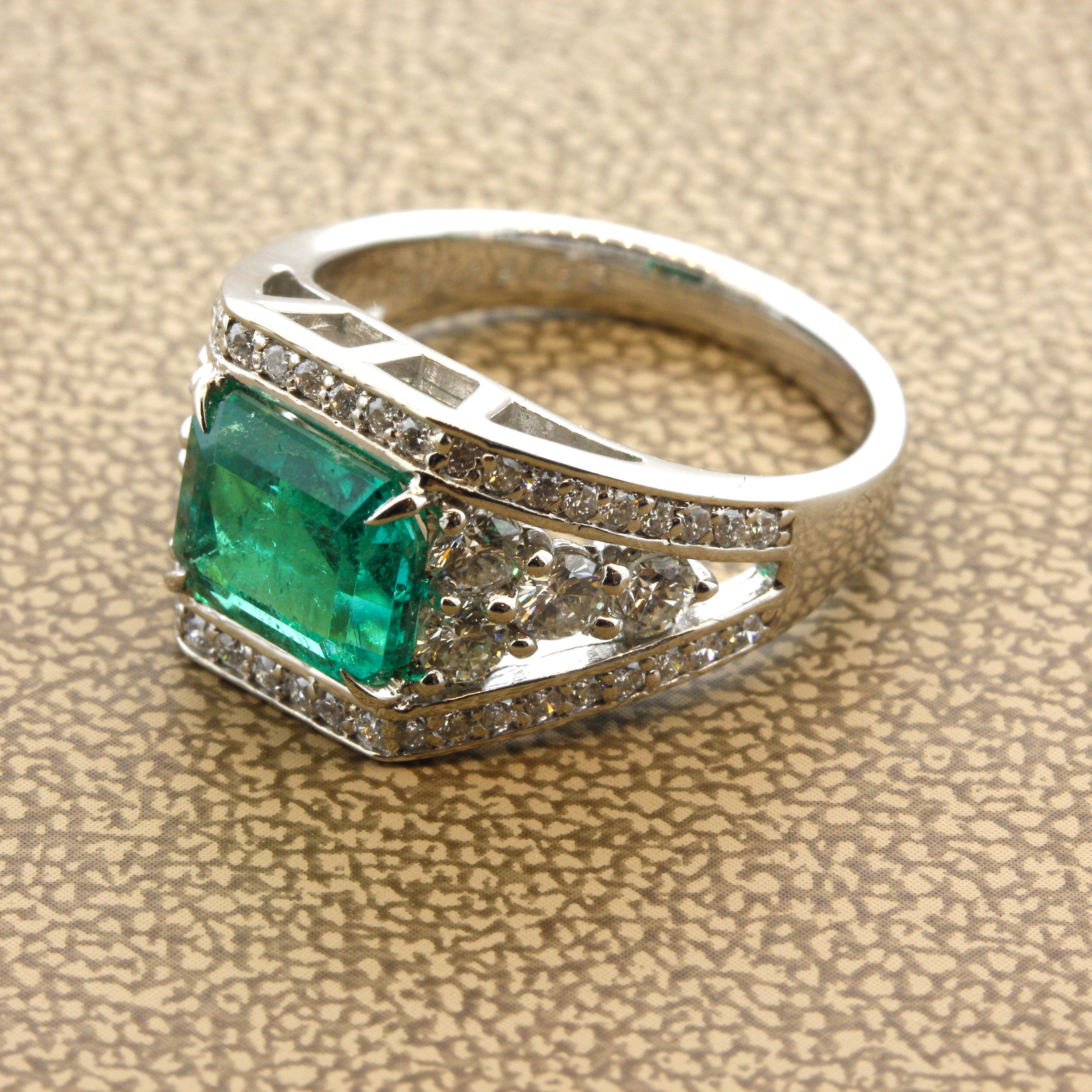 Colombian Emerald Diamond Platinum Ring, GRS Certified Insignificant Oil