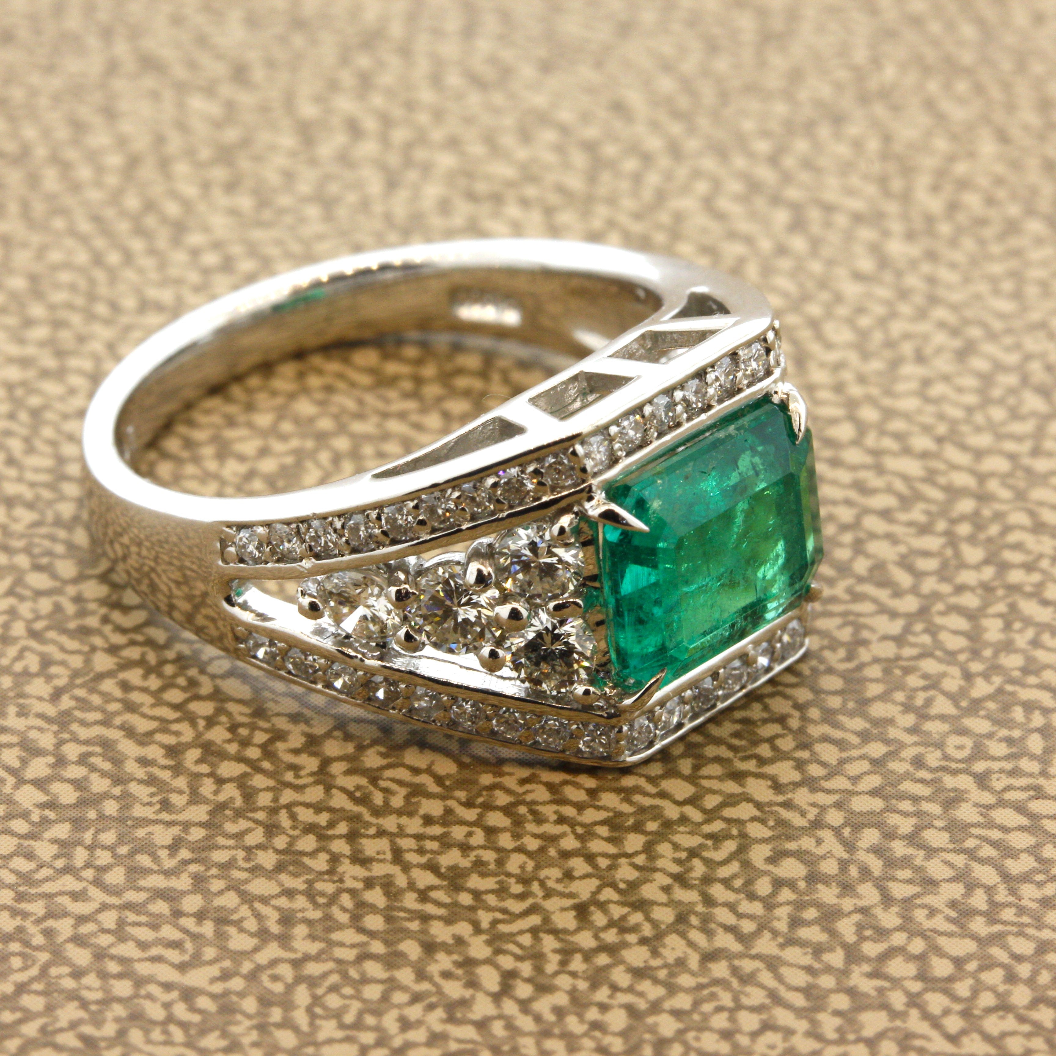 Colombian Emerald Diamond Platinum Ring, GRS Certified Insignificant Oil